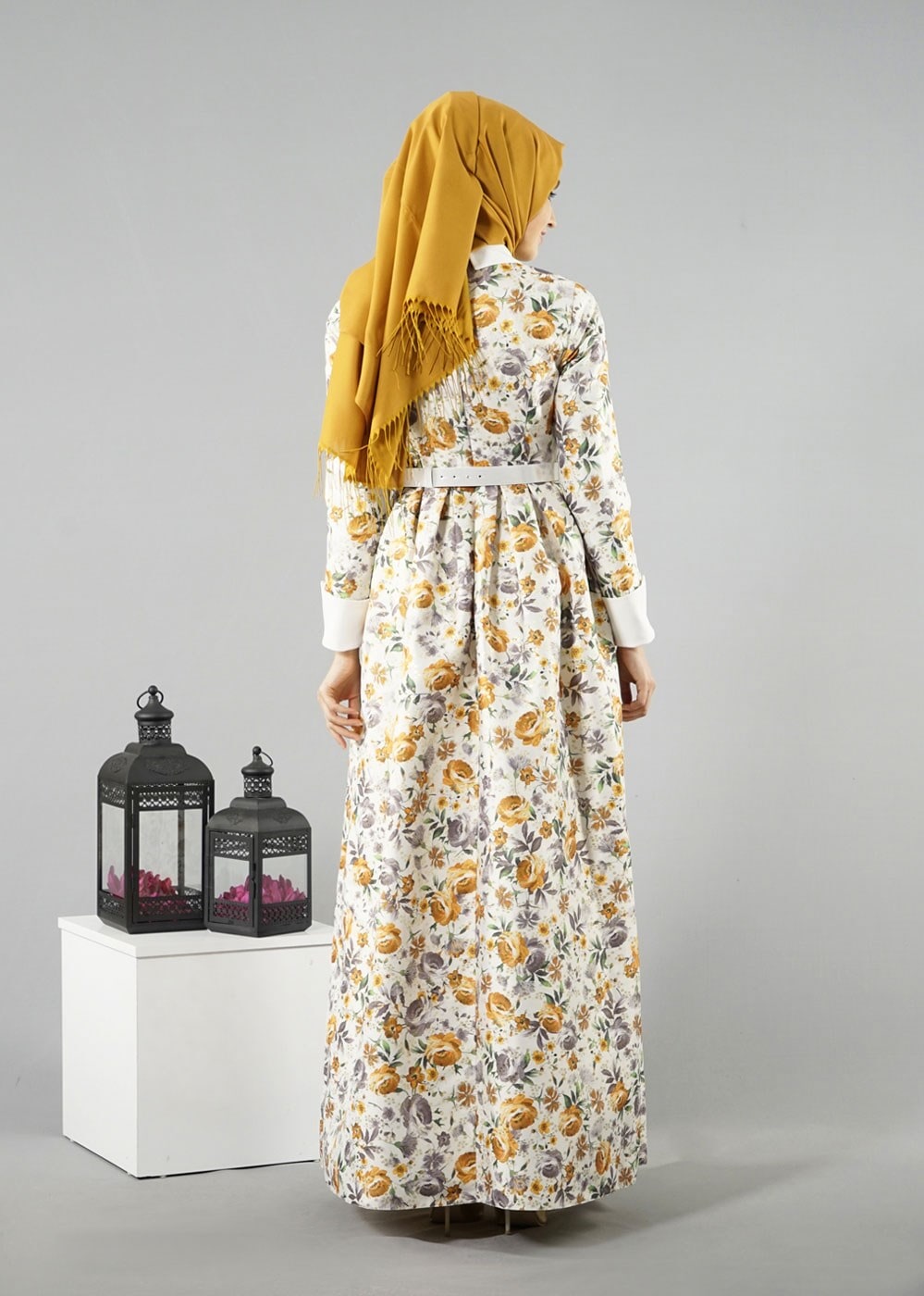 Tesettür giyim SARI GÖMLEK YAKA ÇİÇEK DESENLİ ABİYE ELBİSE 5224