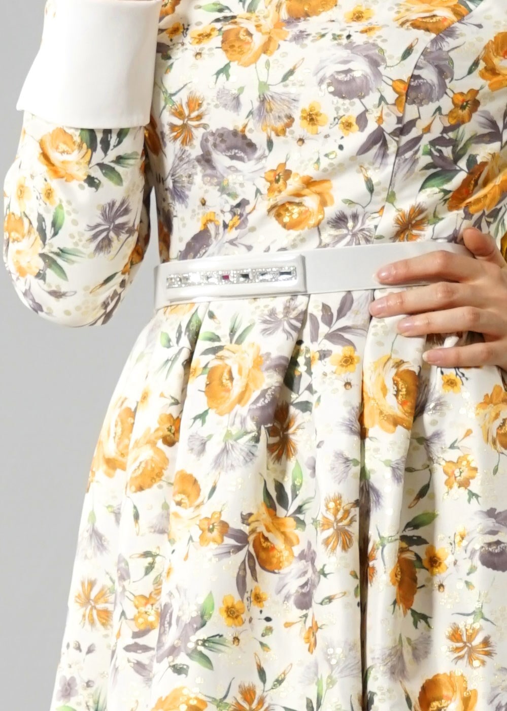 Tesettür giyim SARI GÖMLEK YAKA ÇİÇEK DESENLİ ABİYE ELBİSE 5224