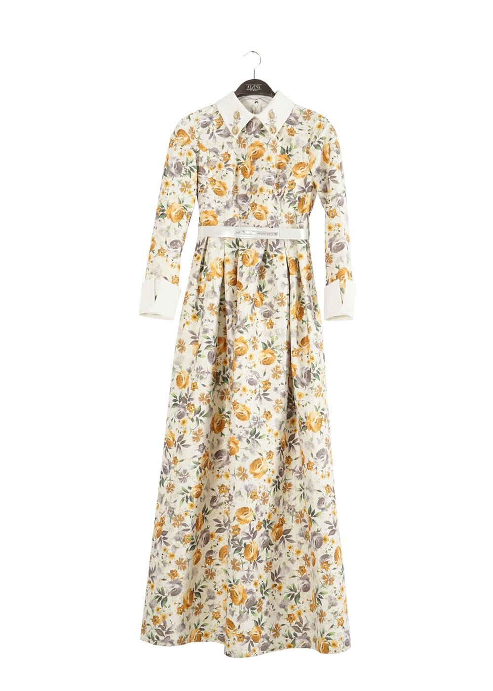 Tesettür giyim SARI GÖMLEK YAKA ÇİÇEK DESENLİ ABİYE ELBİSE 5224