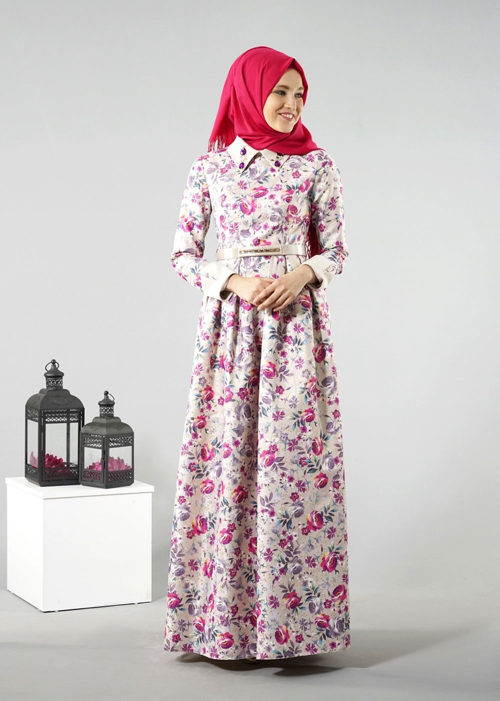 Tesettür giyim FUŞYA GÖMLEK YAKA ÇİÇEK DESENLİ ABİYE ELBİSE 5224