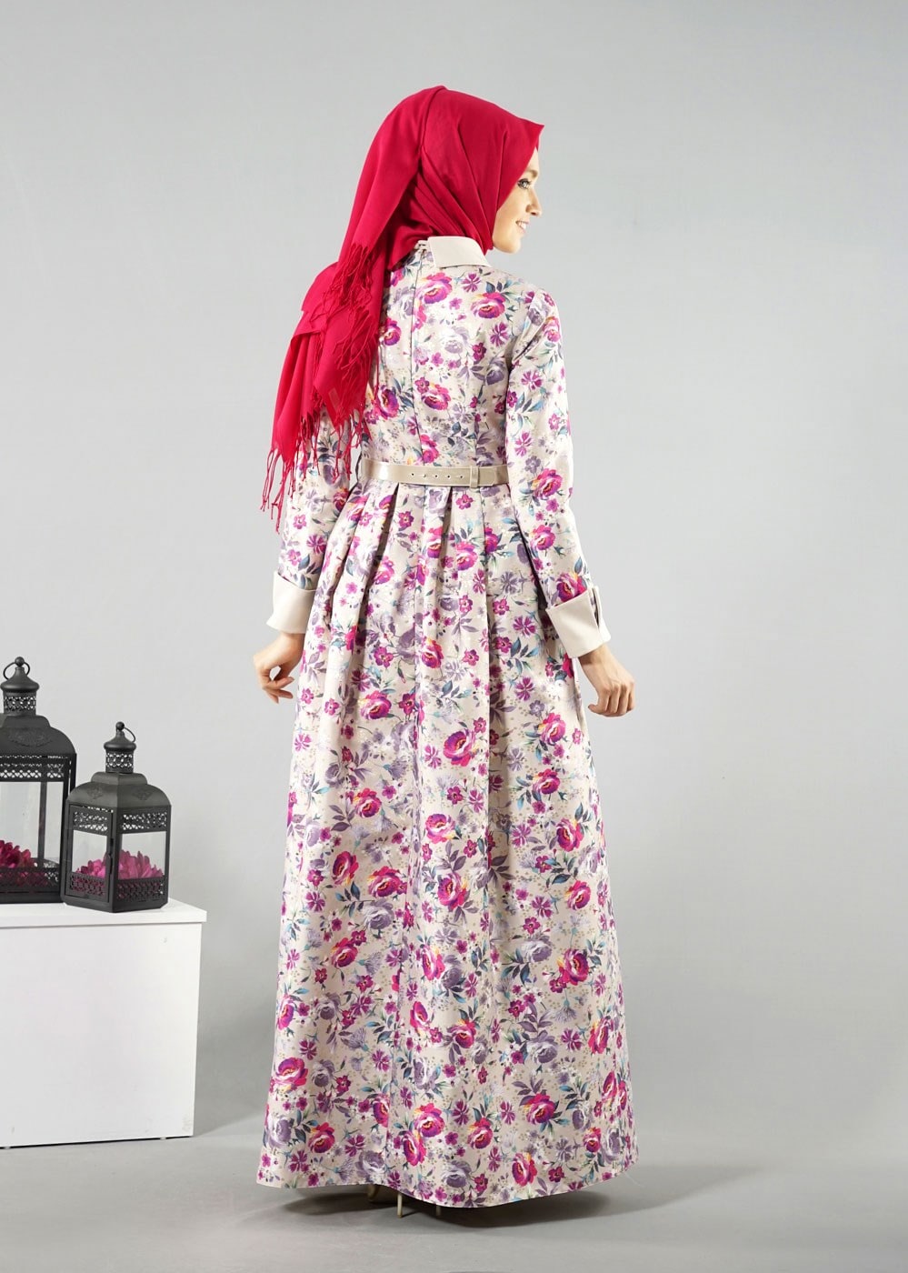 Tesettür giyim FUŞYA GÖMLEK YAKA ÇİÇEK DESENLİ ABİYE ELBİSE 5224