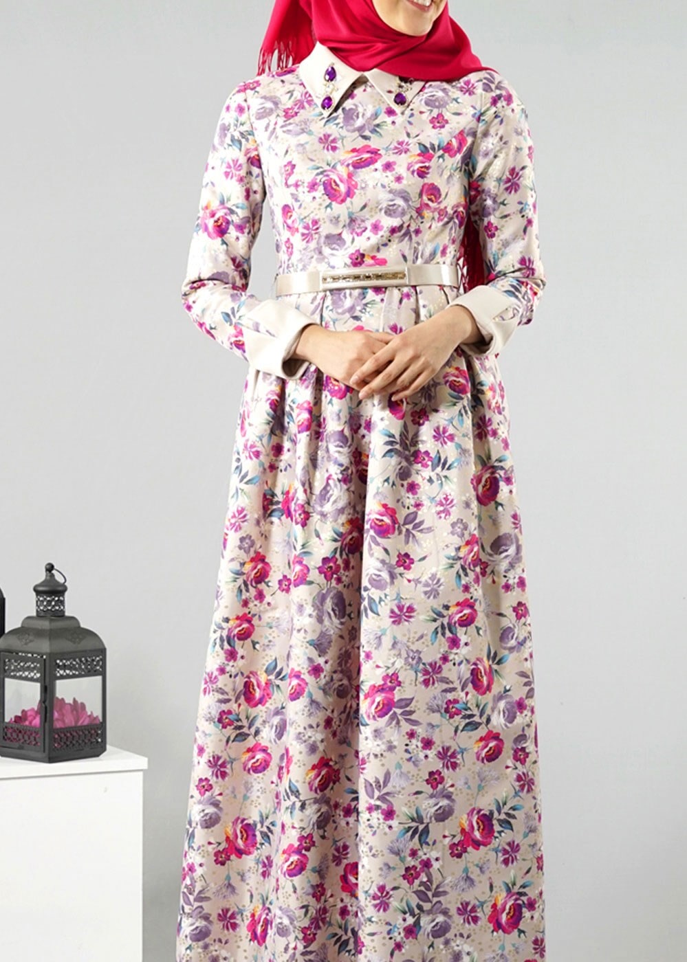 Tesettür giyim FUŞYA GÖMLEK YAKA ÇİÇEK DESENLİ ABİYE ELBİSE 5224