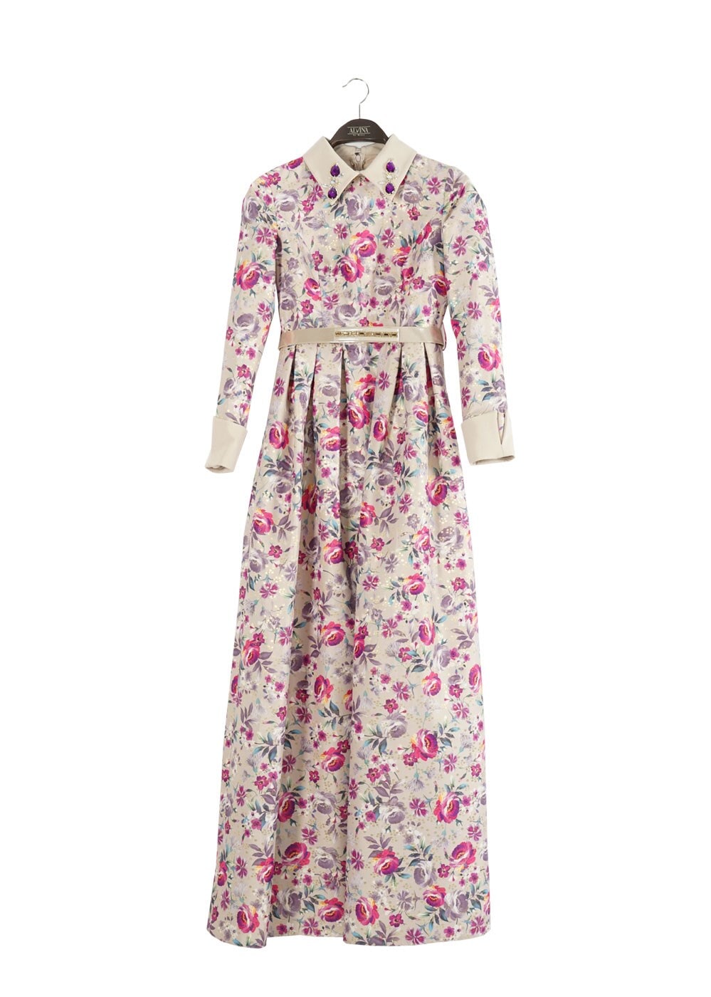 Tesettür giyim FUŞYA GÖMLEK YAKA ÇİÇEK DESENLİ ABİYE ELBİSE 5224