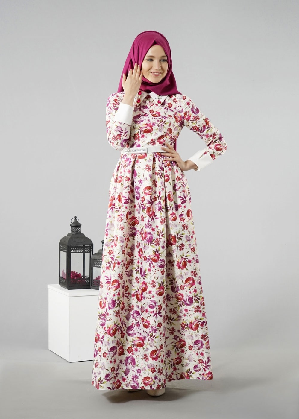 Tesettür giyim MOR GÖMLEK YAKA ÇİÇEK DESENLİ ABİYE ELBİSE 5224