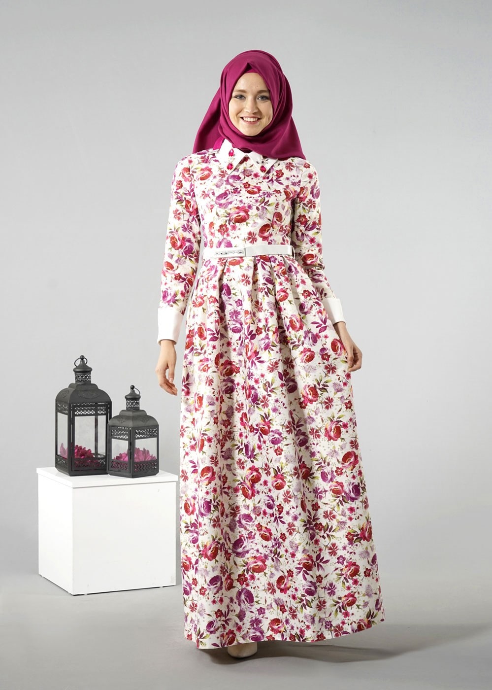 Tesettür giyim MOR GÖMLEK YAKA ÇİÇEK DESENLİ ABİYE ELBİSE 5224