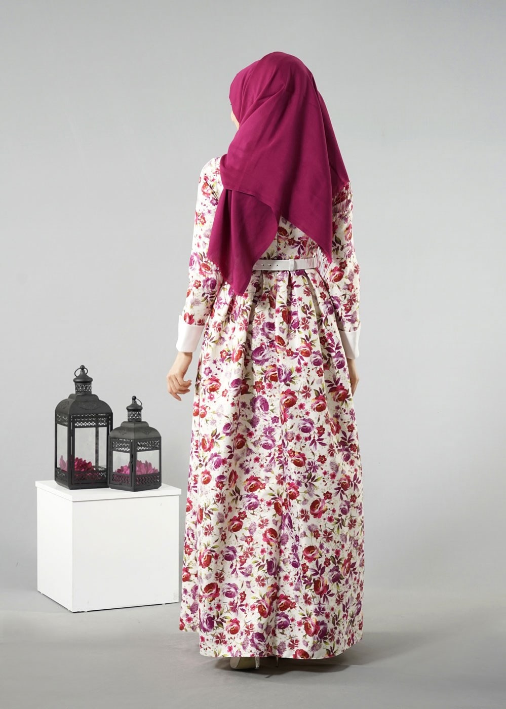 Tesettür giyim MOR GÖMLEK YAKA ÇİÇEK DESENLİ ABİYE ELBİSE 5224