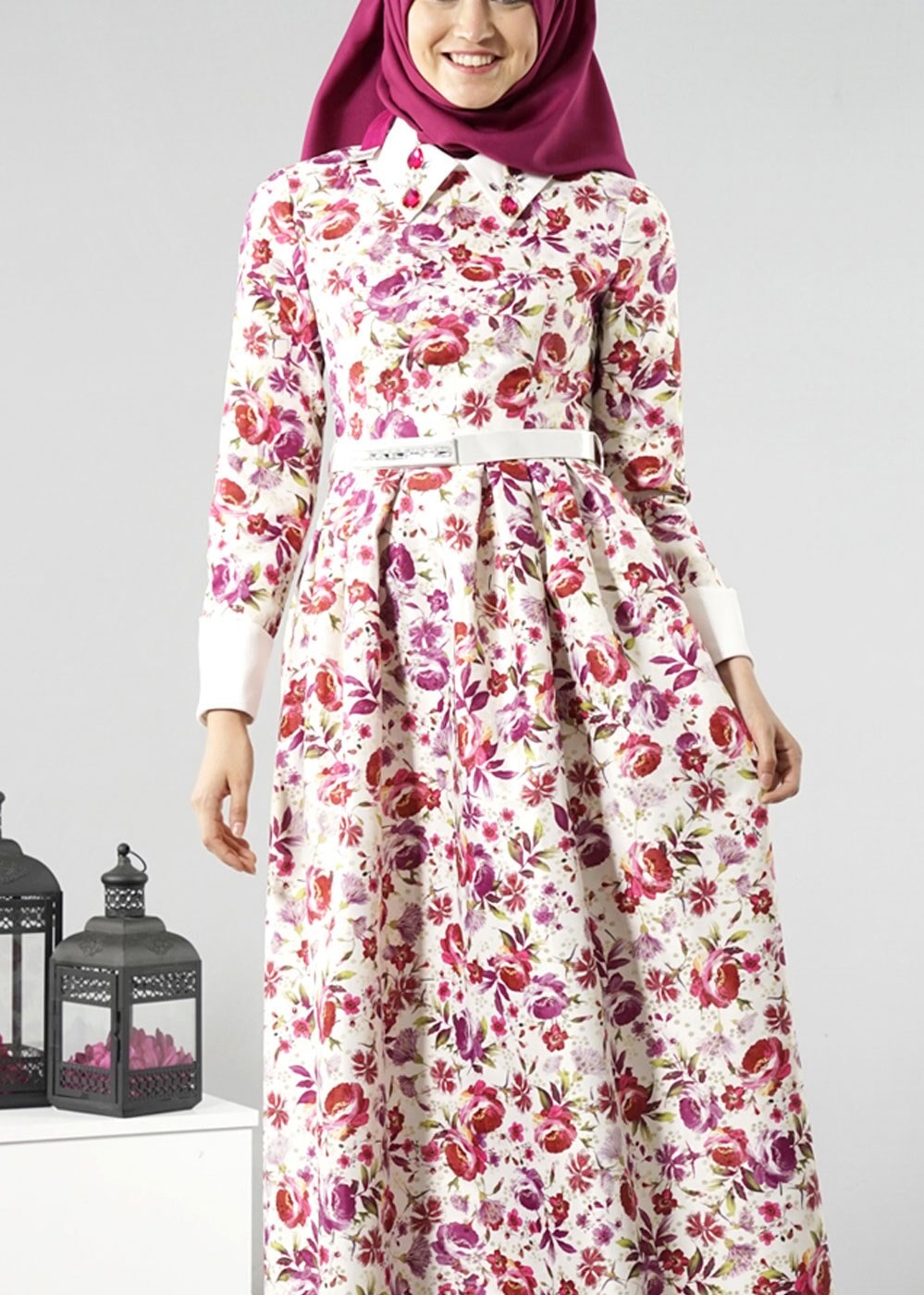 Tesettür giyim MOR GÖMLEK YAKA ÇİÇEK DESENLİ ABİYE ELBİSE 5224