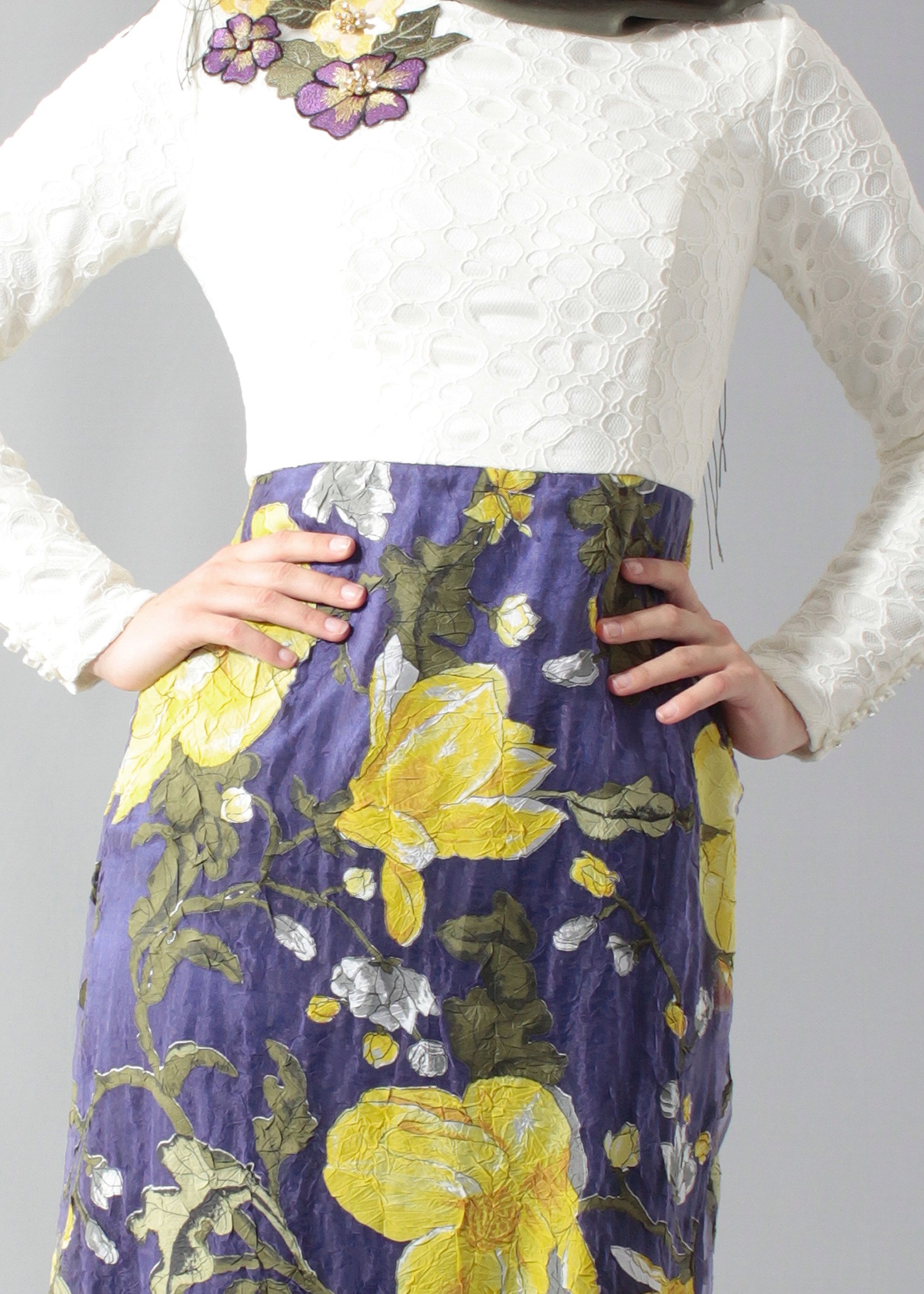 Tesettür giyim SARI ÇİÇEK DESENLİ BİSİKLET YAKA ABİYE ELBİSE 5225