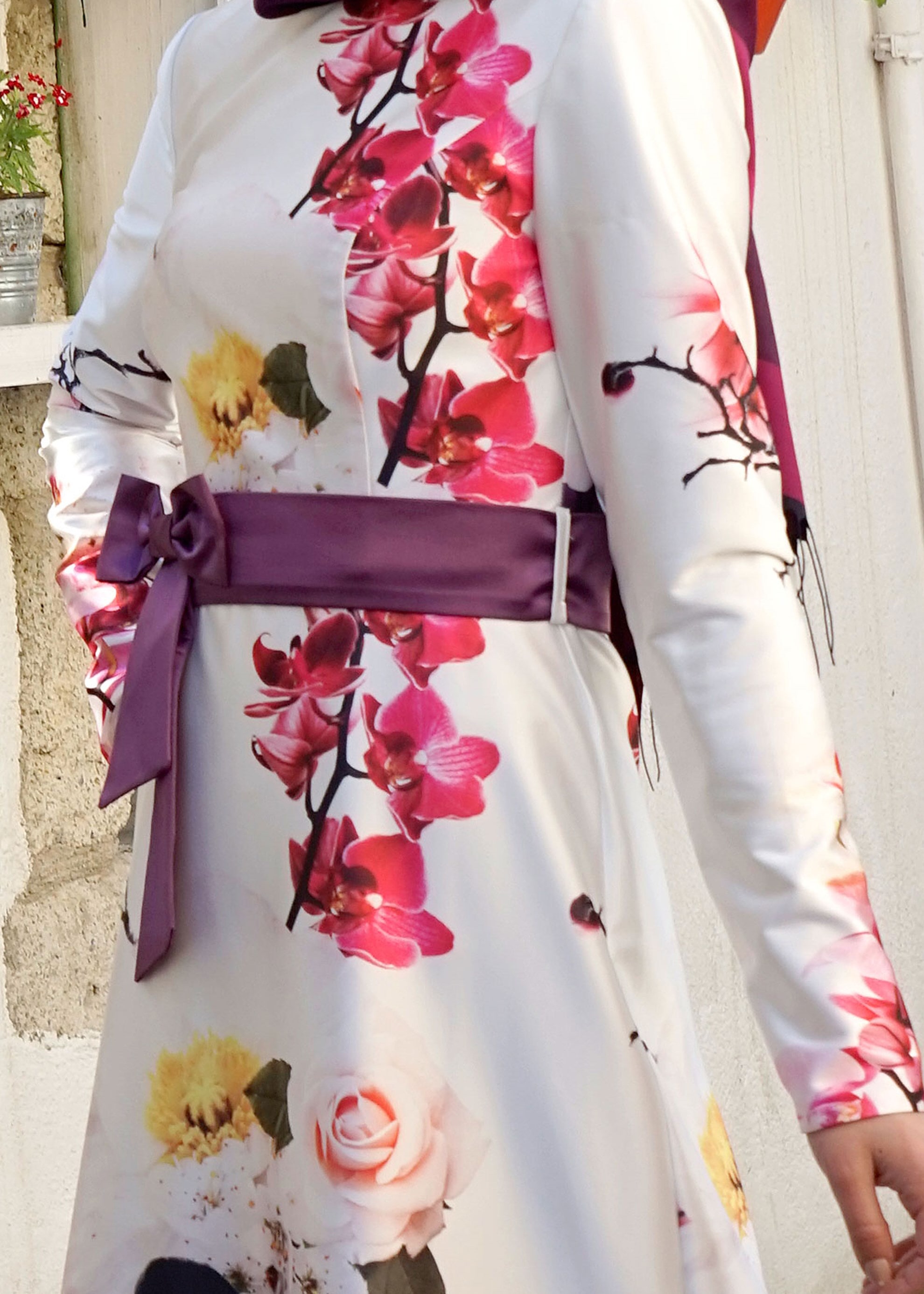 Tesettür giyim MOR ÇİÇEK DESENLİ SATEN ABİYE ELBİSE 5227