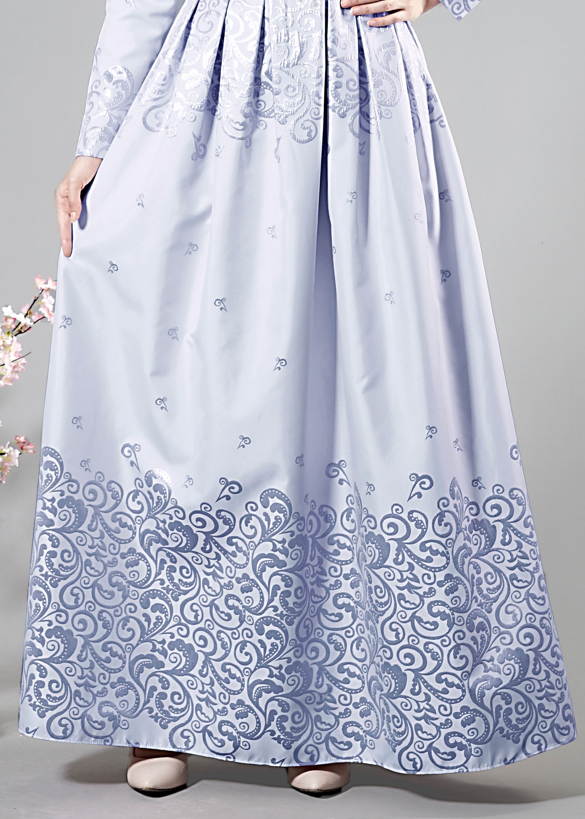 Tesettür giyim MAVİ DESENLİ ABİYE ELBİSE 5228