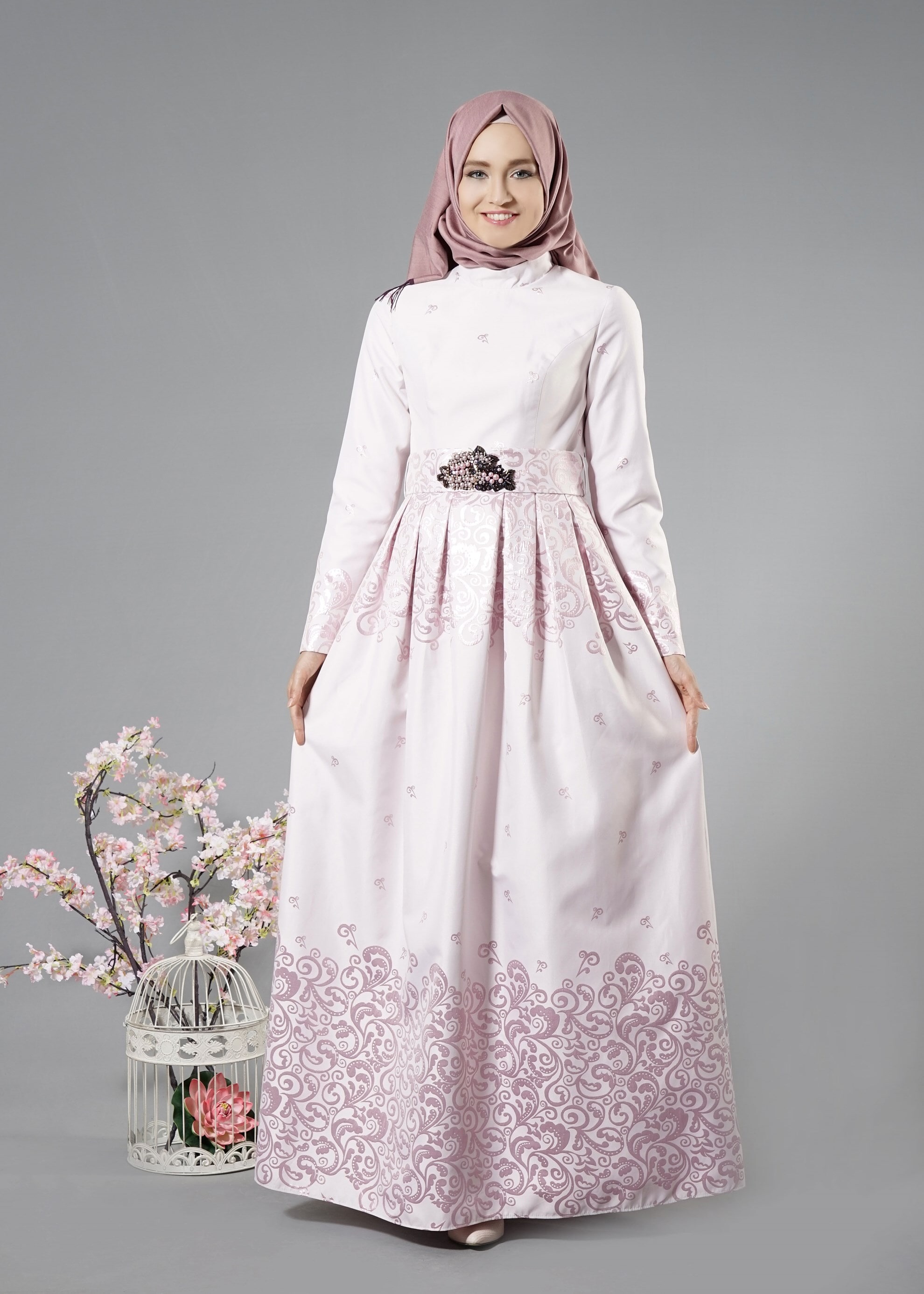 Tesettür giyim PUDRA DESENLİ ABİYE ELBİSE 5228