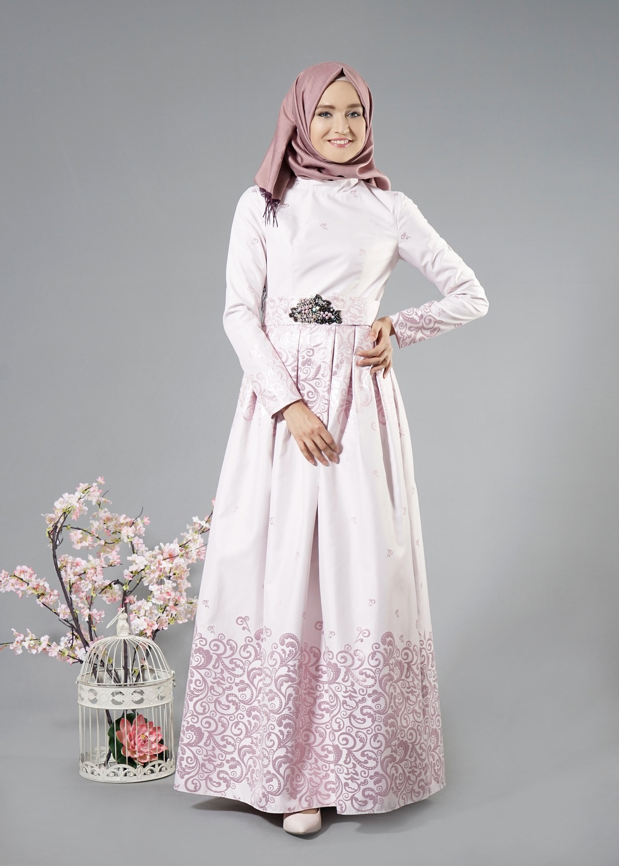 Tesettür giyim PUDRA DESENLİ ABİYE ELBİSE 5228