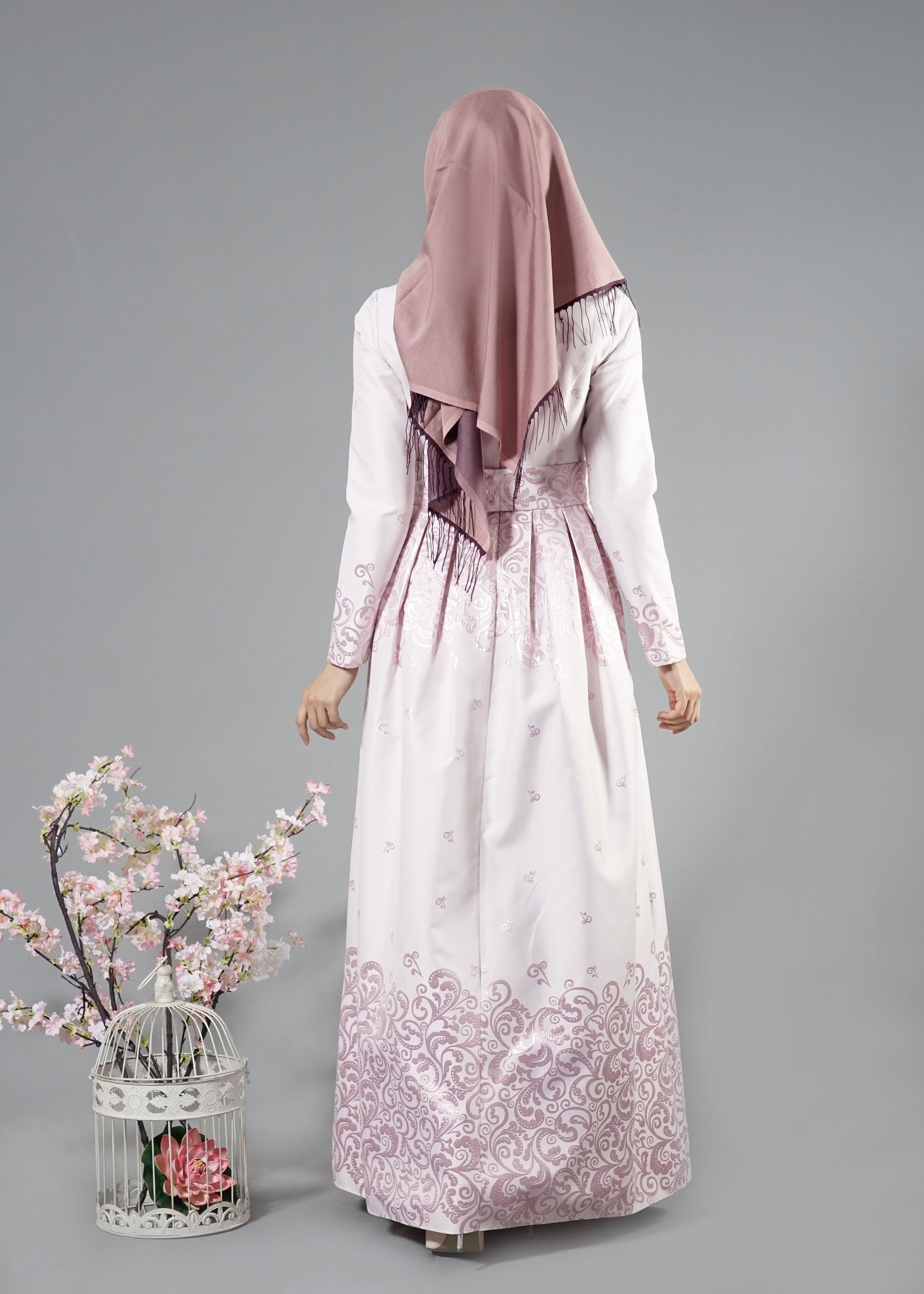 Tesettür giyim PUDRA DESENLİ ABİYE ELBİSE 5228