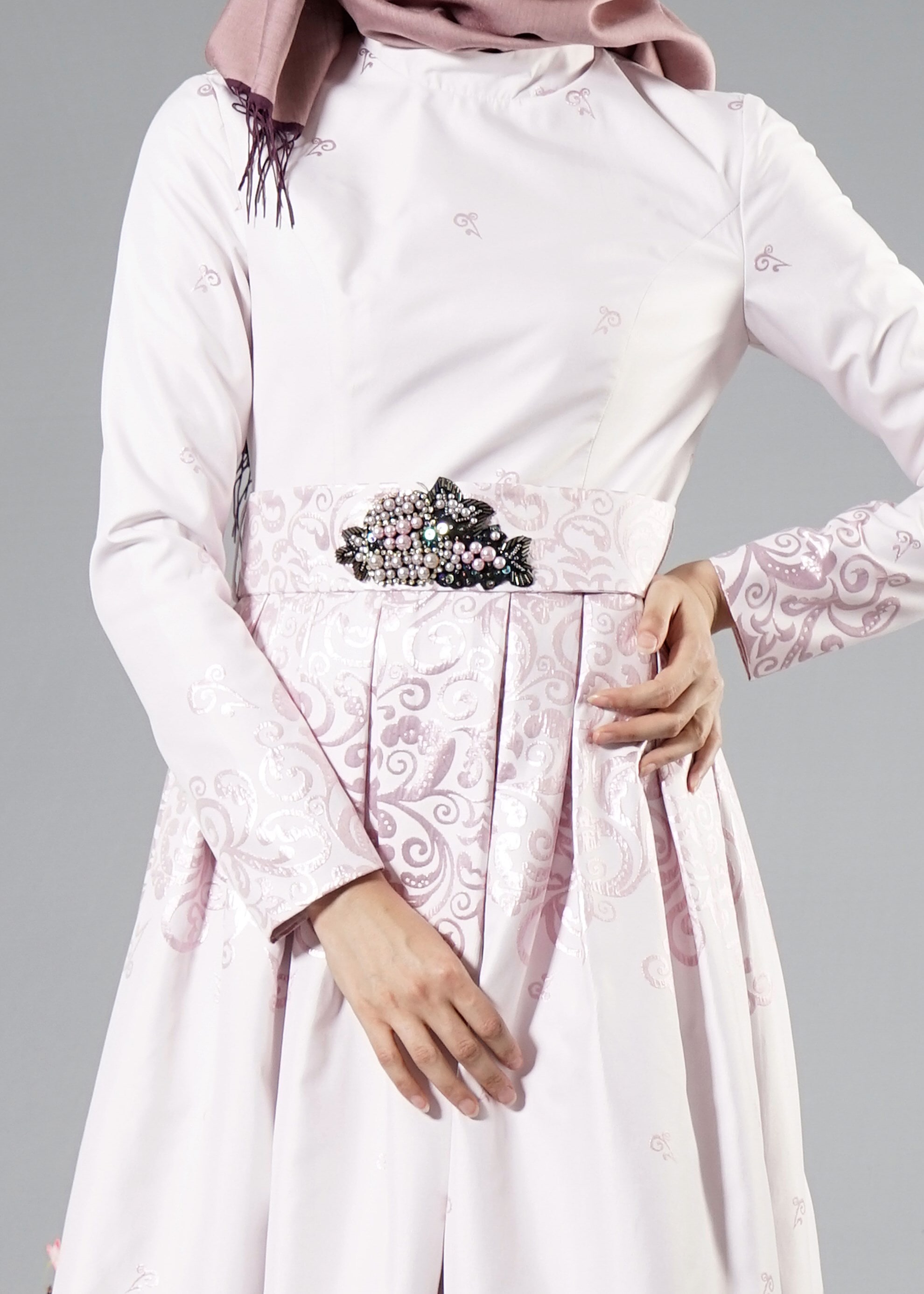 Tesettür giyim PUDRA DESENLİ ABİYE ELBİSE 5228