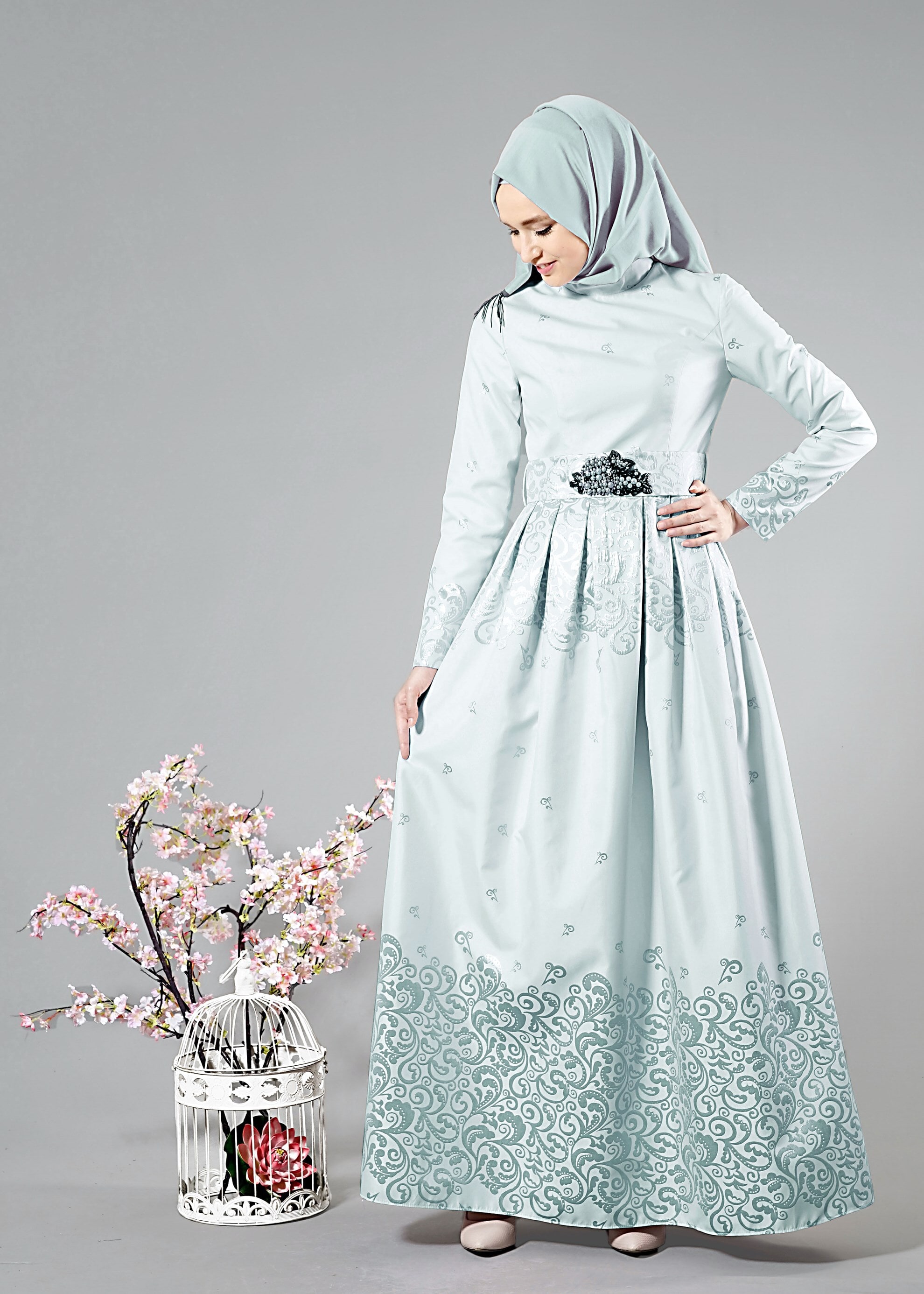 Tesettür giyim YEŞİL DESENLİ ABİYE ELBİSE 5228