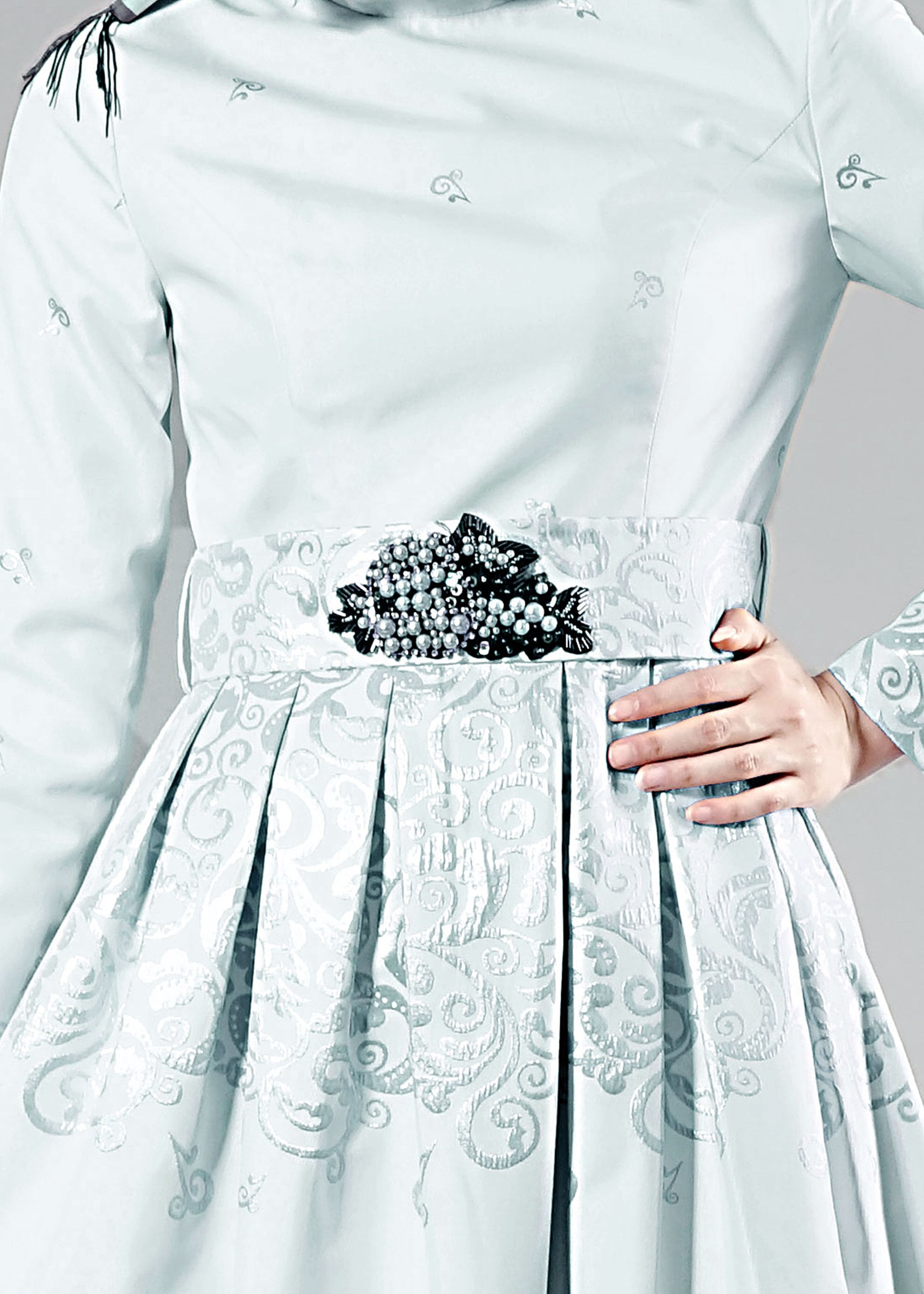 Tesettür giyim YEŞİL DESENLİ ABİYE ELBİSE 5228