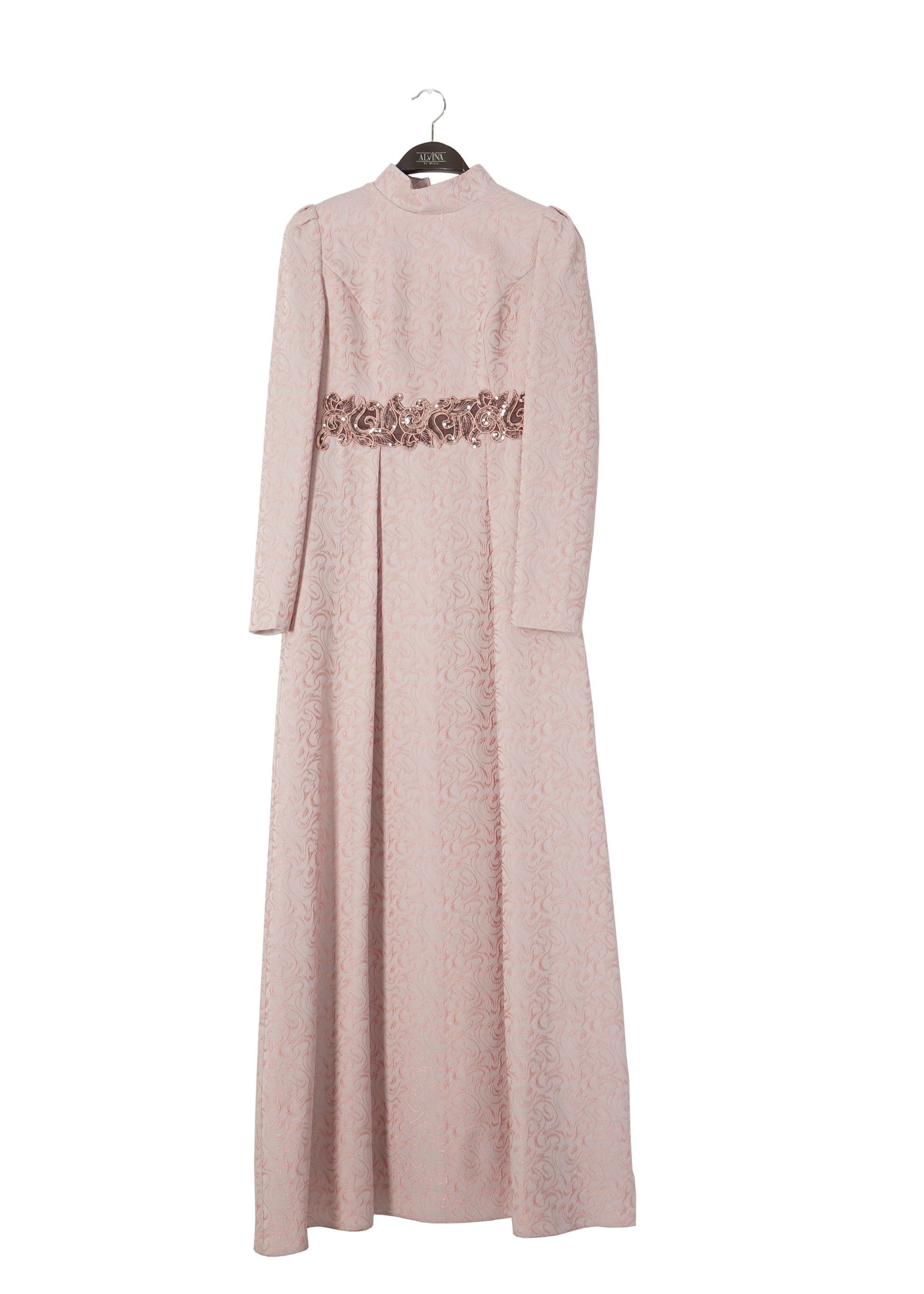 Tesettür giyim BEJ İŞLEME DETAYLI DESENLİ ABİYE ELBİSE 5229