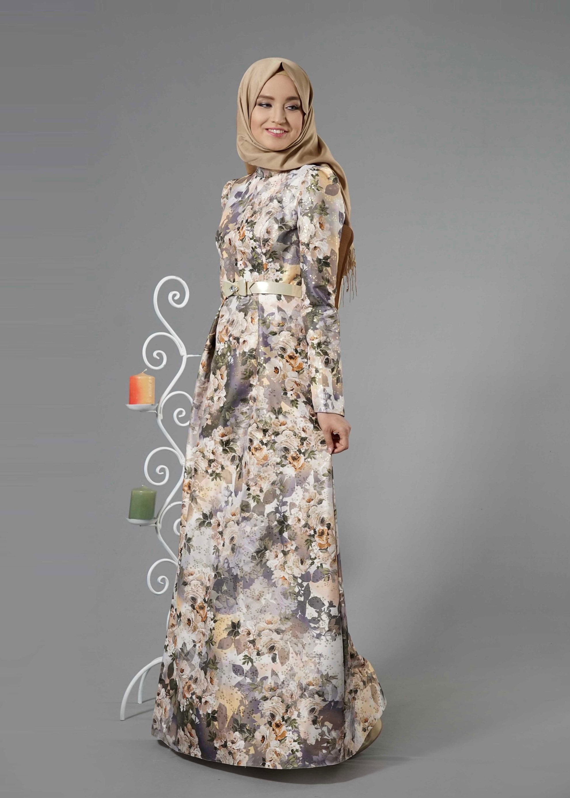 Tesettür giyim ALTIN ÇİÇEK DESENLİ KEMERLİ ABİYE ELBİSE 5234 