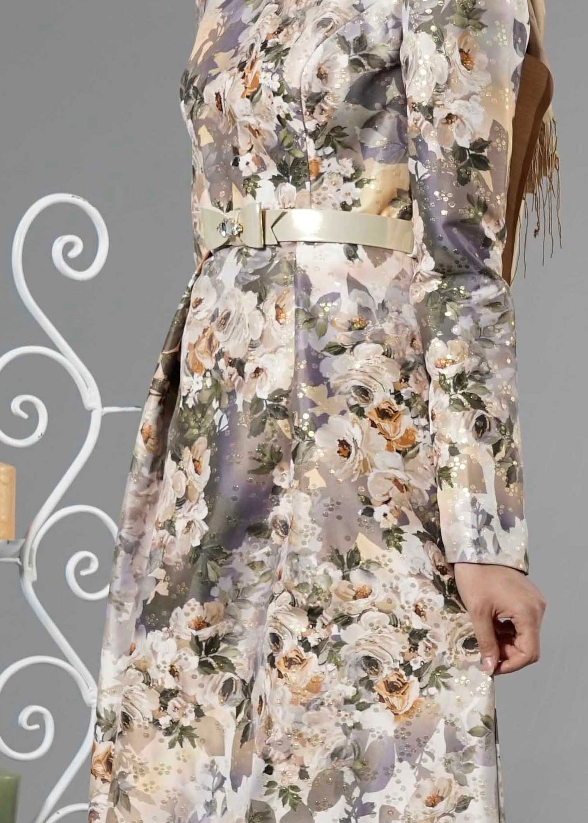 Tesettür giyim ALTIN ÇİÇEK DESENLİ KEMERLİ ABİYE ELBİSE 5234 