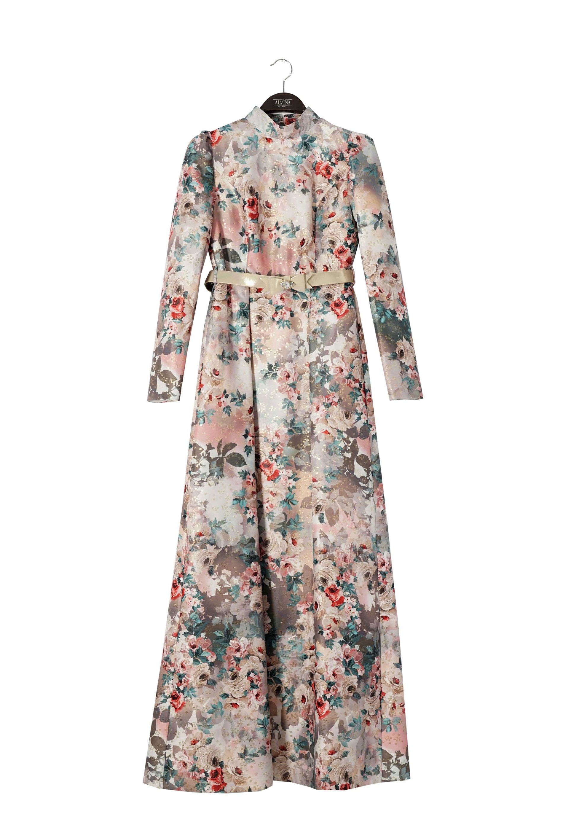 Tesettür giyim PUDRA ÇİÇEK DESENLİ KEMERLİ ABİYE ELBİSE 5234 