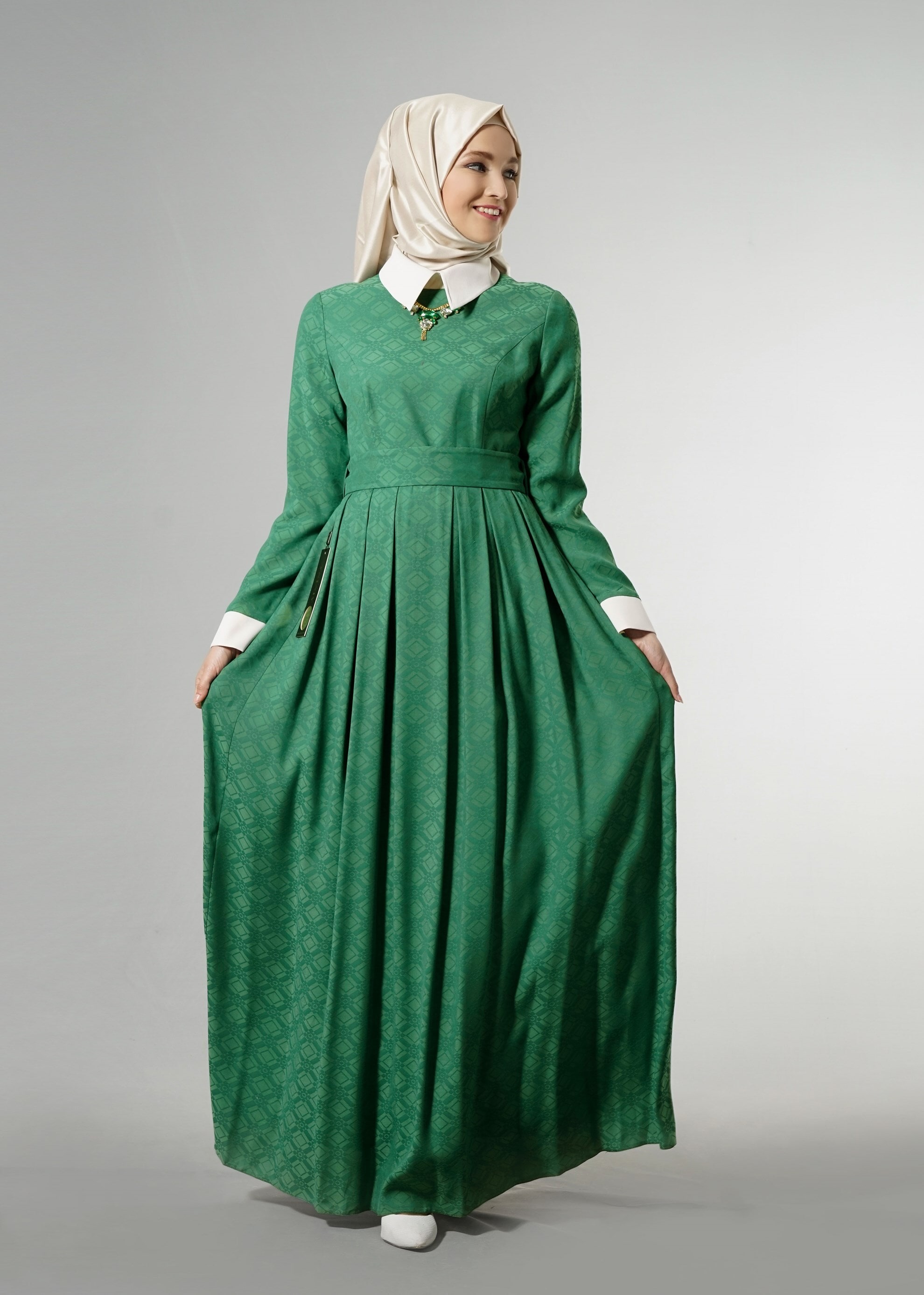Tesettür giyim YEŞİL GÖMLEK YAKA JAKAR ABİYE ELBİSE 5237 