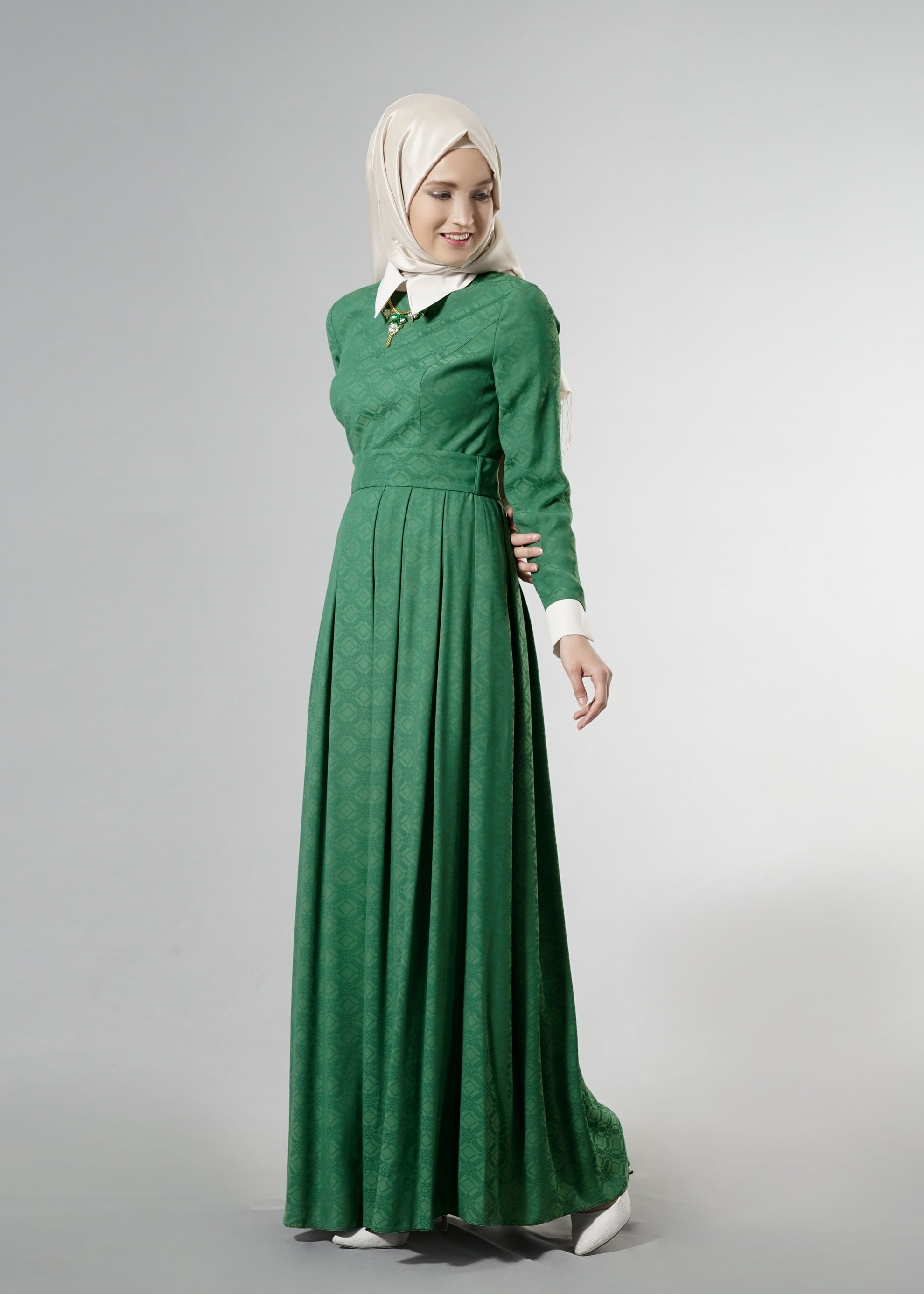 Tesettür giyim YEŞİL GÖMLEK YAKA JAKAR ABİYE ELBİSE 5237 