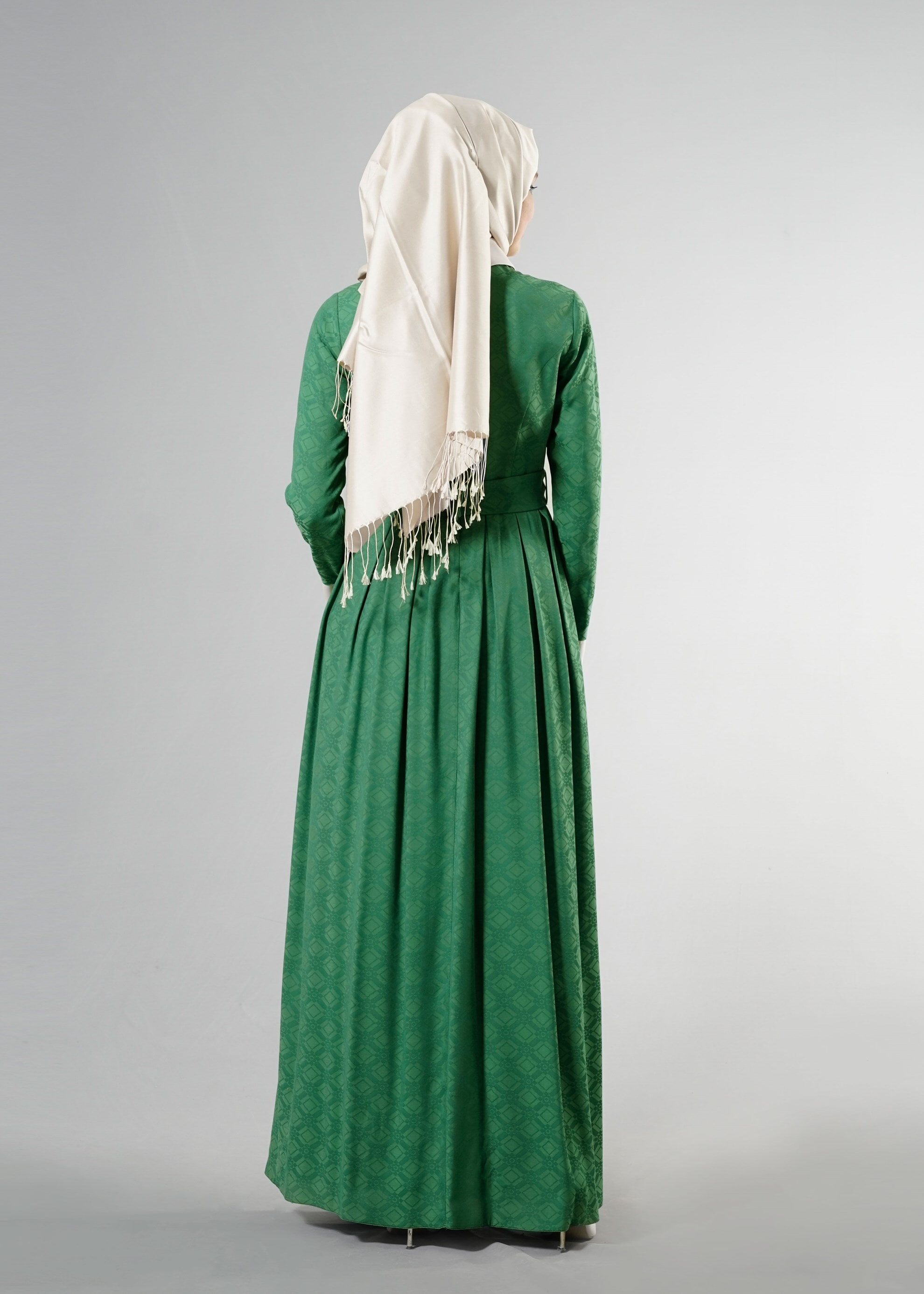 Tesettür giyim YEŞİL GÖMLEK YAKA JAKAR ABİYE ELBİSE 5237 