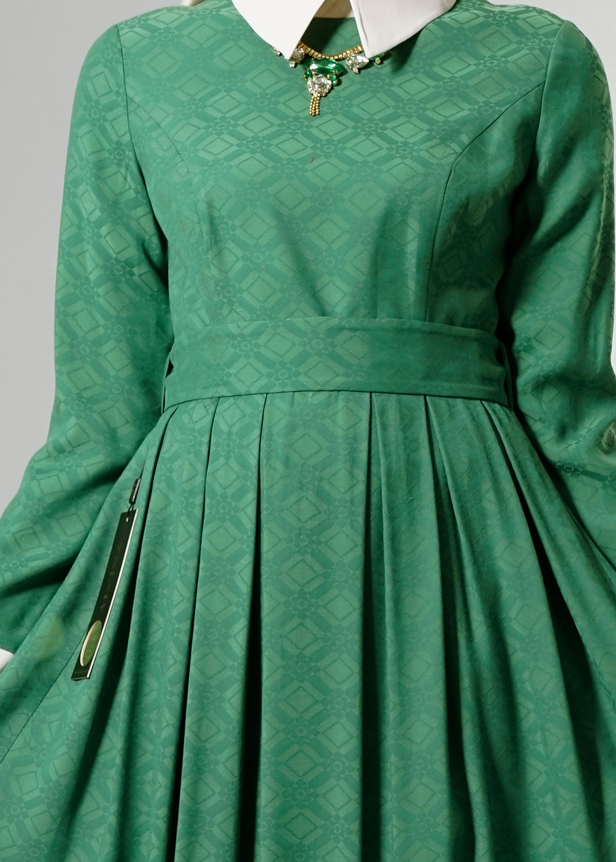 Tesettür giyim YEŞİL GÖMLEK YAKA JAKAR ABİYE ELBİSE 5237 