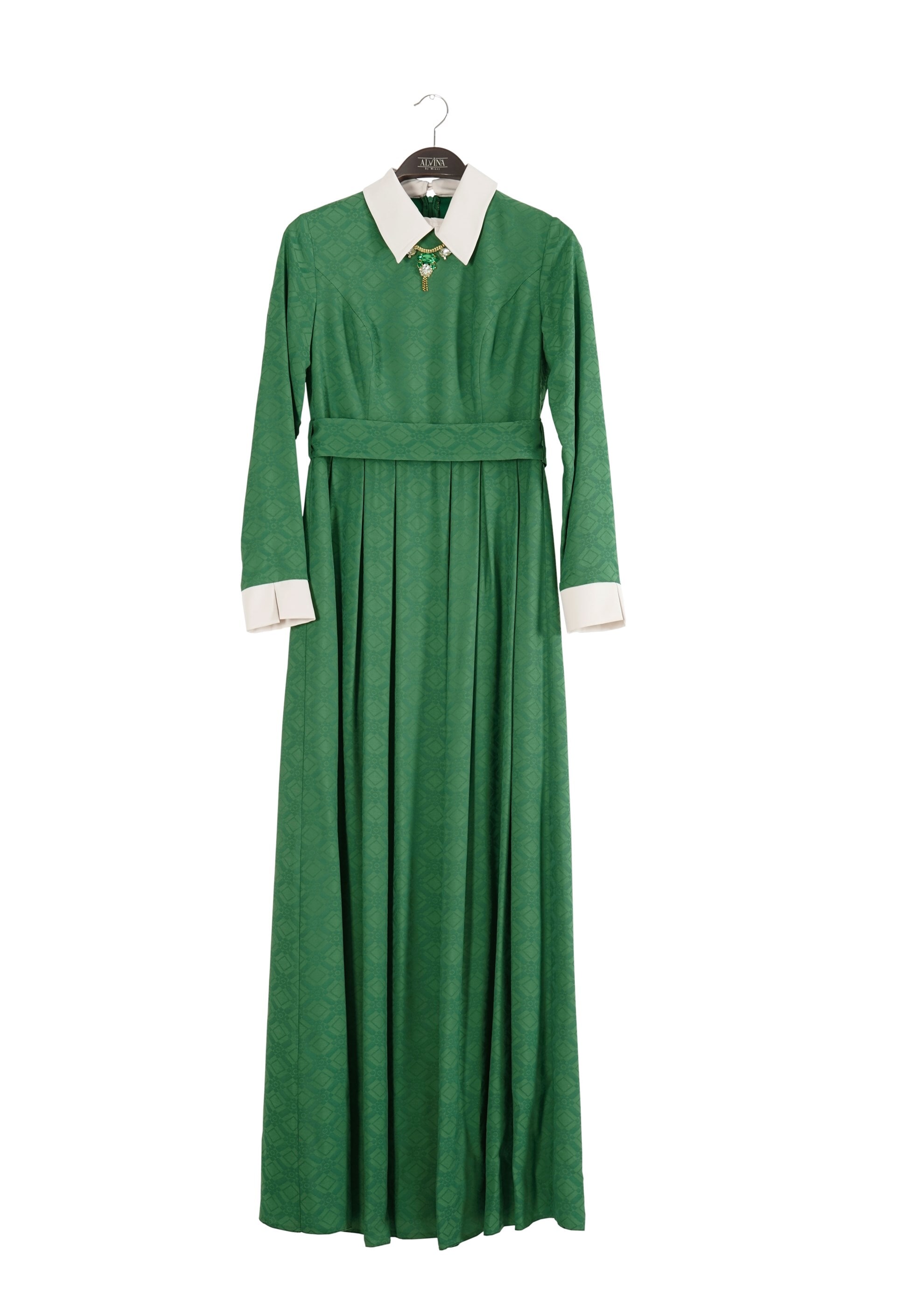 Tesettür giyim YEŞİL GÖMLEK YAKA JAKAR ABİYE ELBİSE 5237 