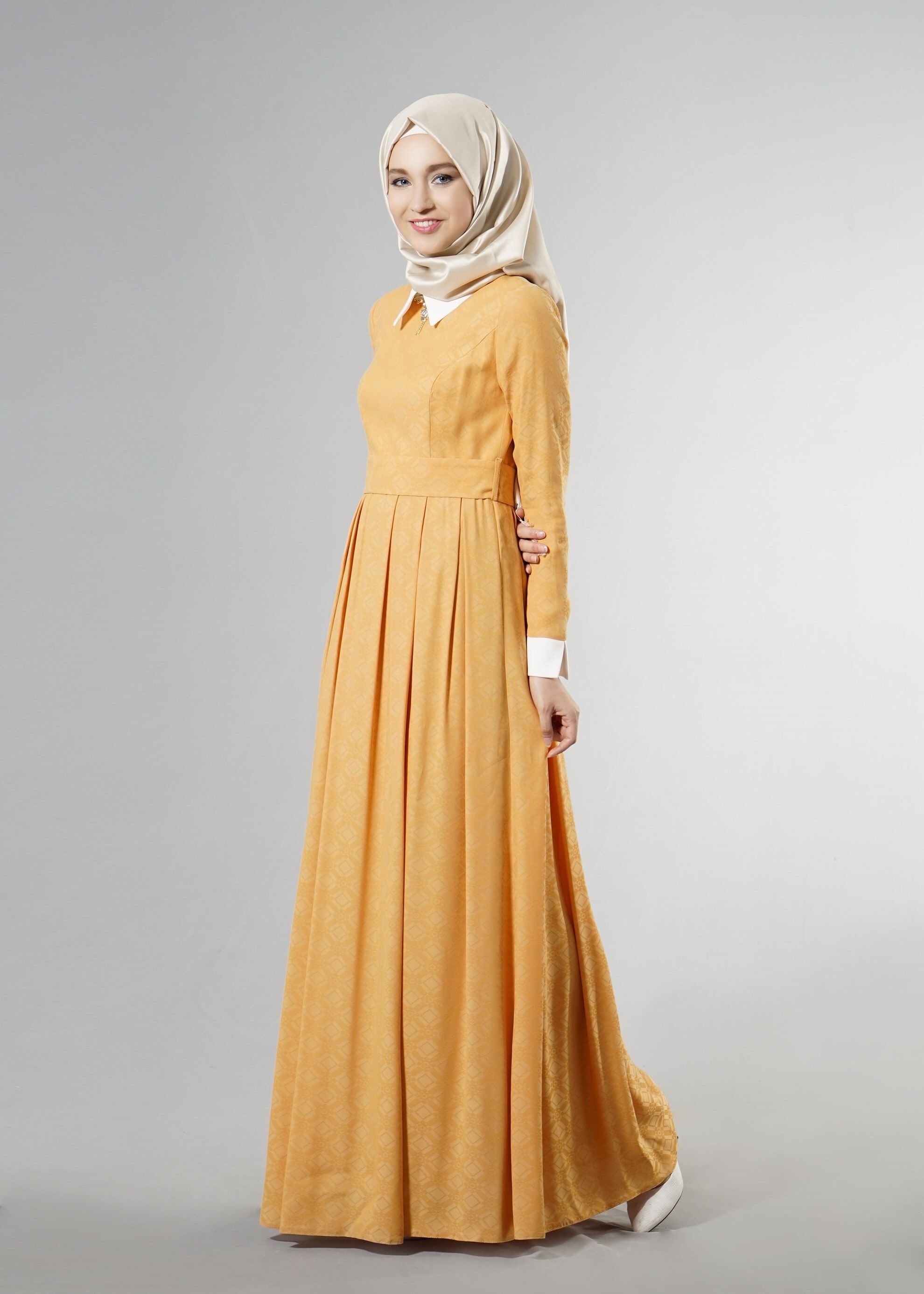 Tesettür giyim SARI GÖMLEK YAKA JAKAR ABİYE ELBİSE 5237 