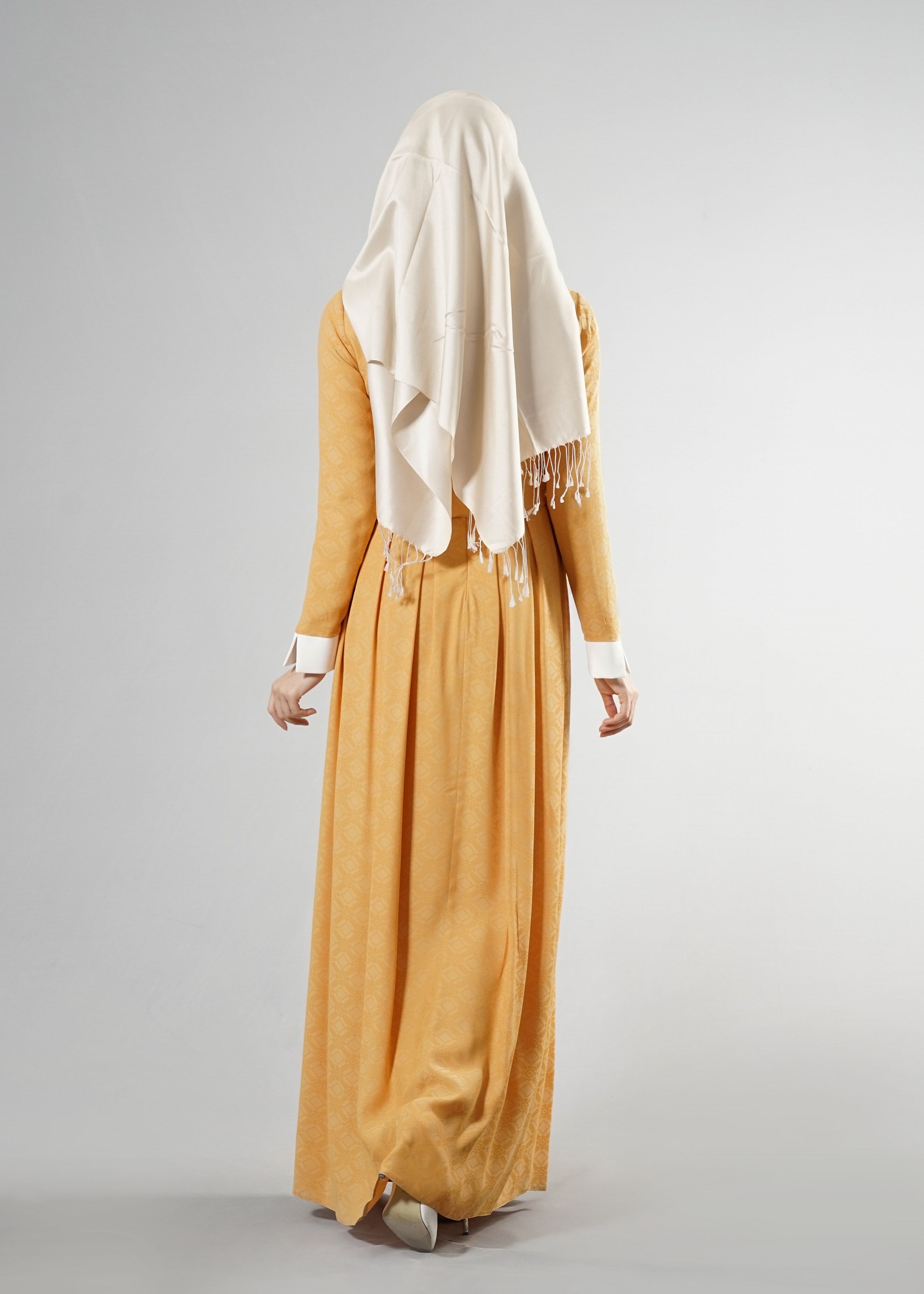 Tesettür giyim SARI GÖMLEK YAKA JAKAR ABİYE ELBİSE 5237 