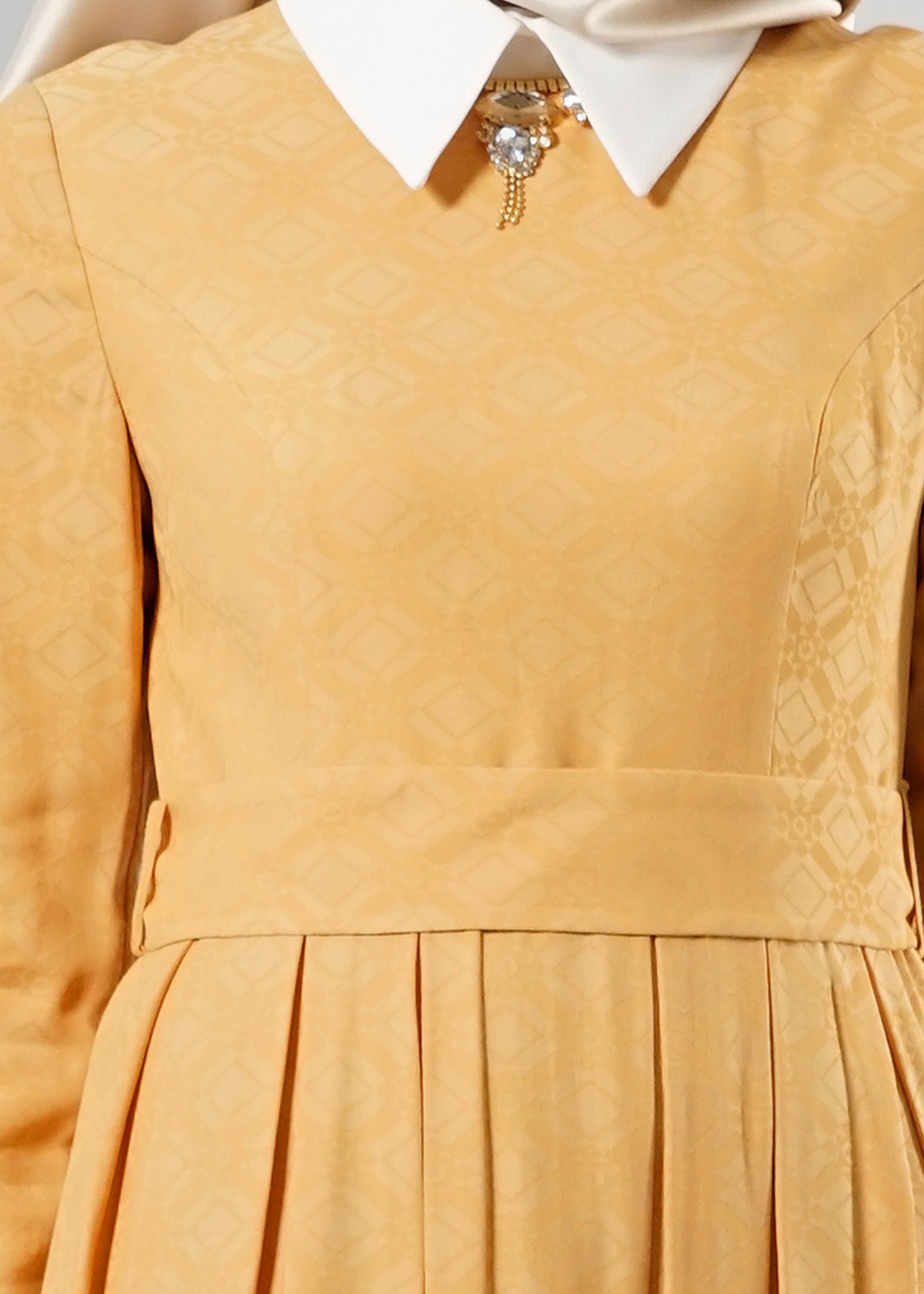 Tesettür giyim SARI GÖMLEK YAKA JAKAR ABİYE ELBİSE 5237 