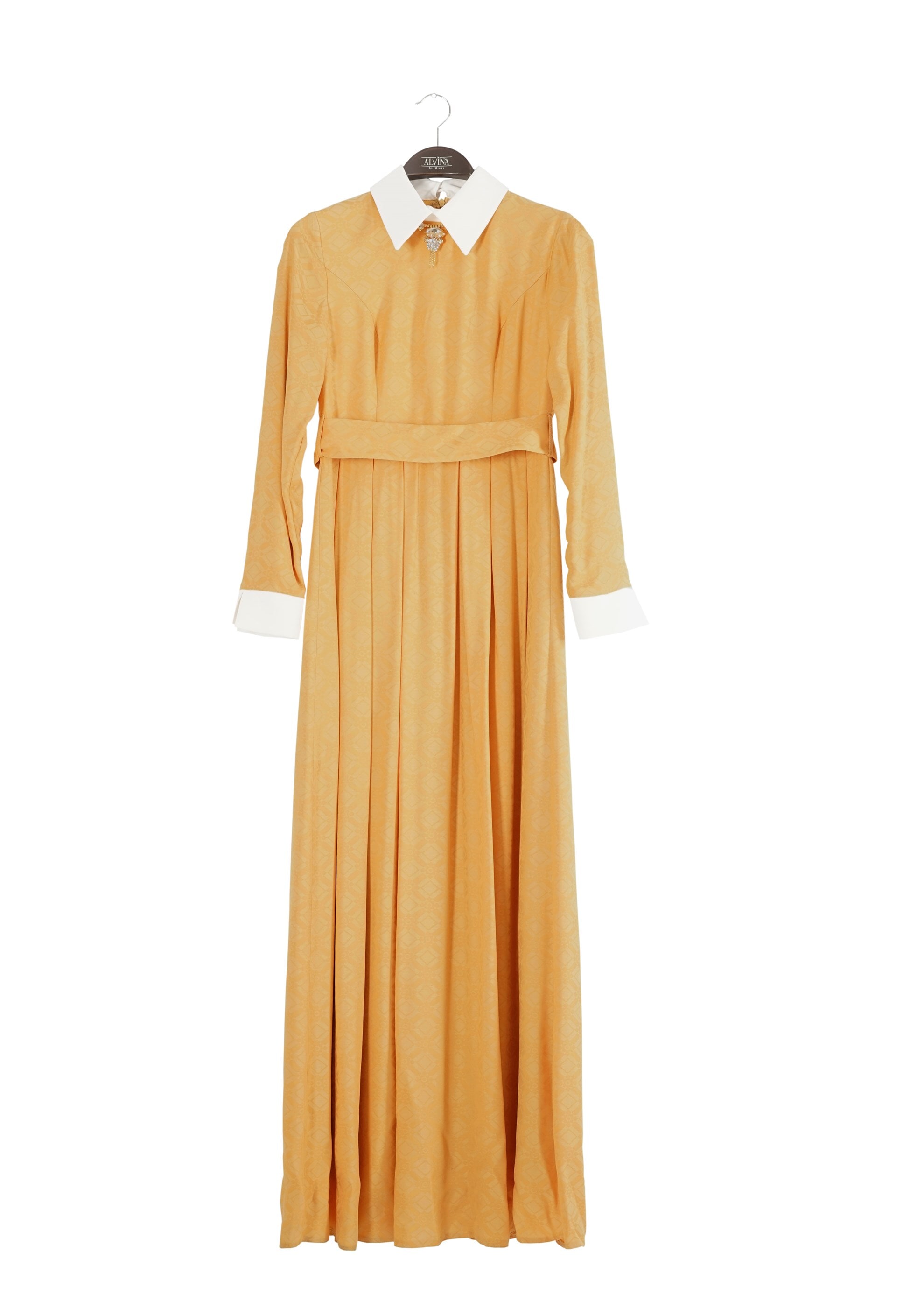 Tesettür giyim SARI GÖMLEK YAKA JAKAR ABİYE ELBİSE 5237 