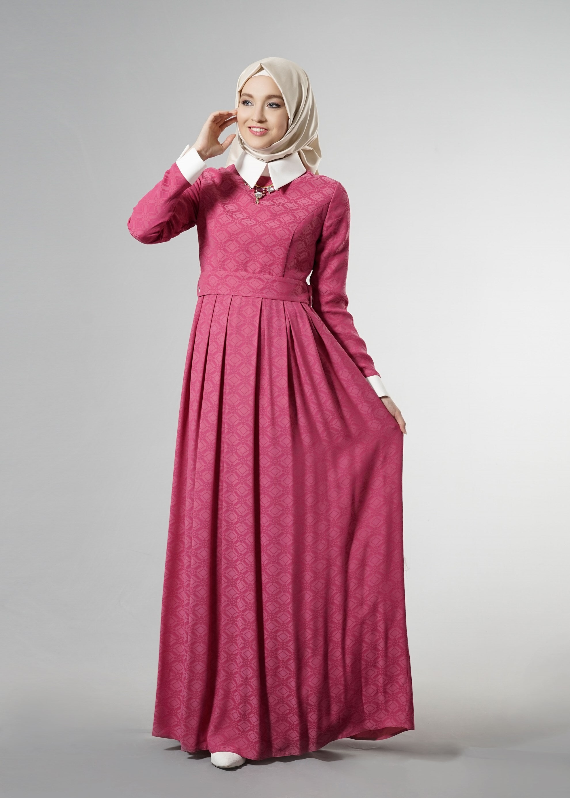 Tesettür giyim FUŞYA GÖMLEK YAKA JAKAR ABİYE ELBİSE 5237 