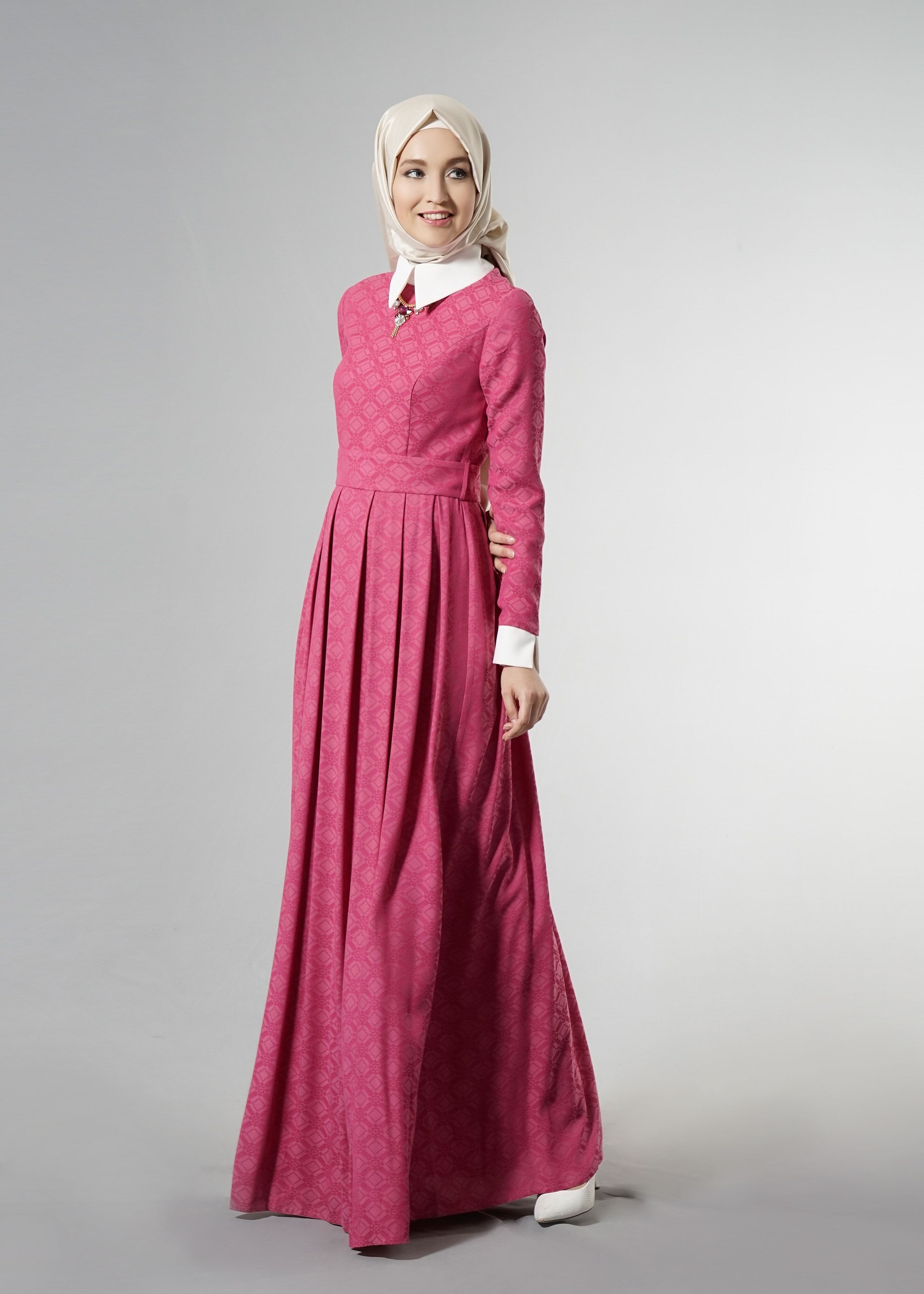 Tesettür giyim FUŞYA GÖMLEK YAKA JAKAR ABİYE ELBİSE 5237 