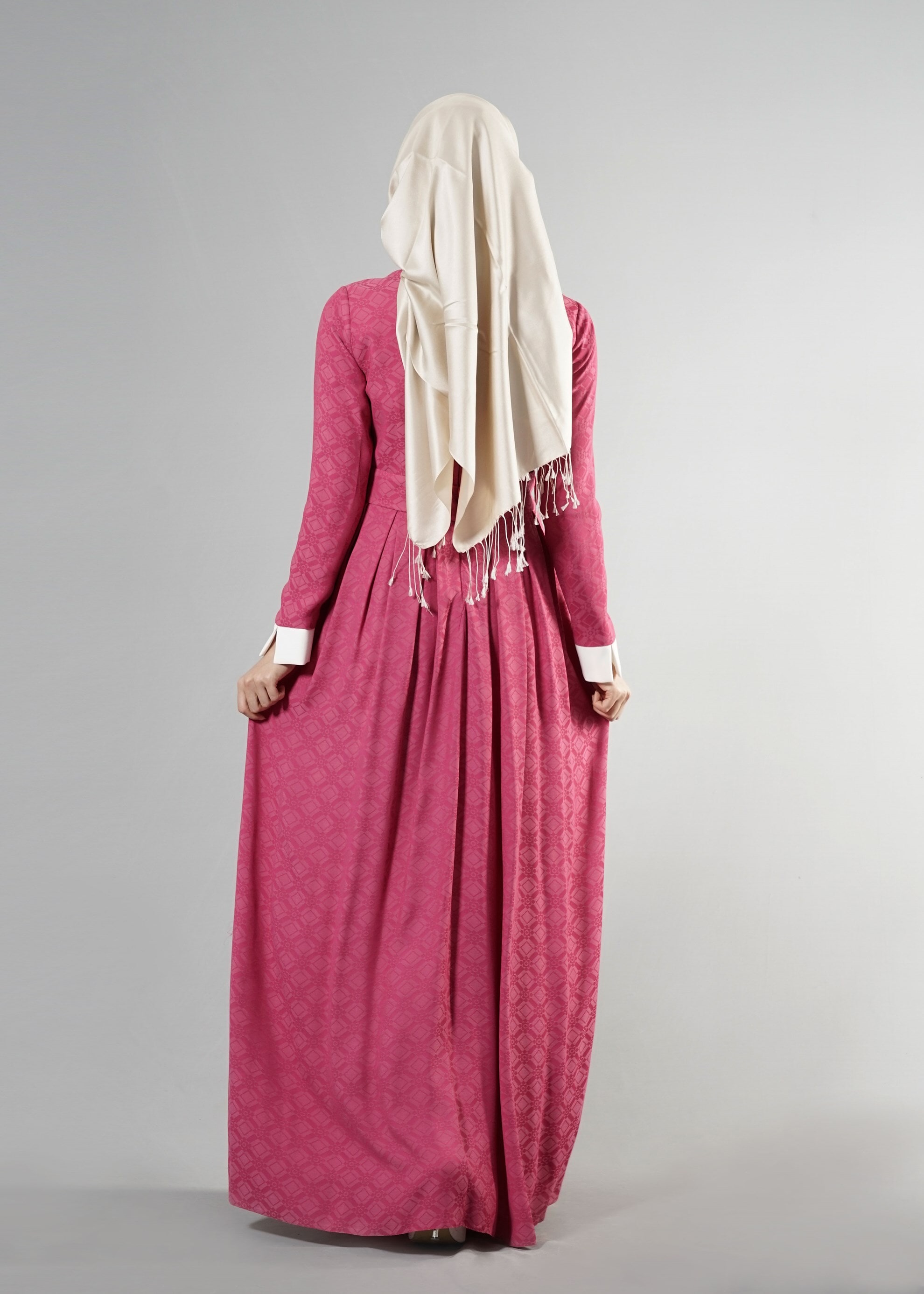 Tesettür giyim FUŞYA GÖMLEK YAKA JAKAR ABİYE ELBİSE 5237 