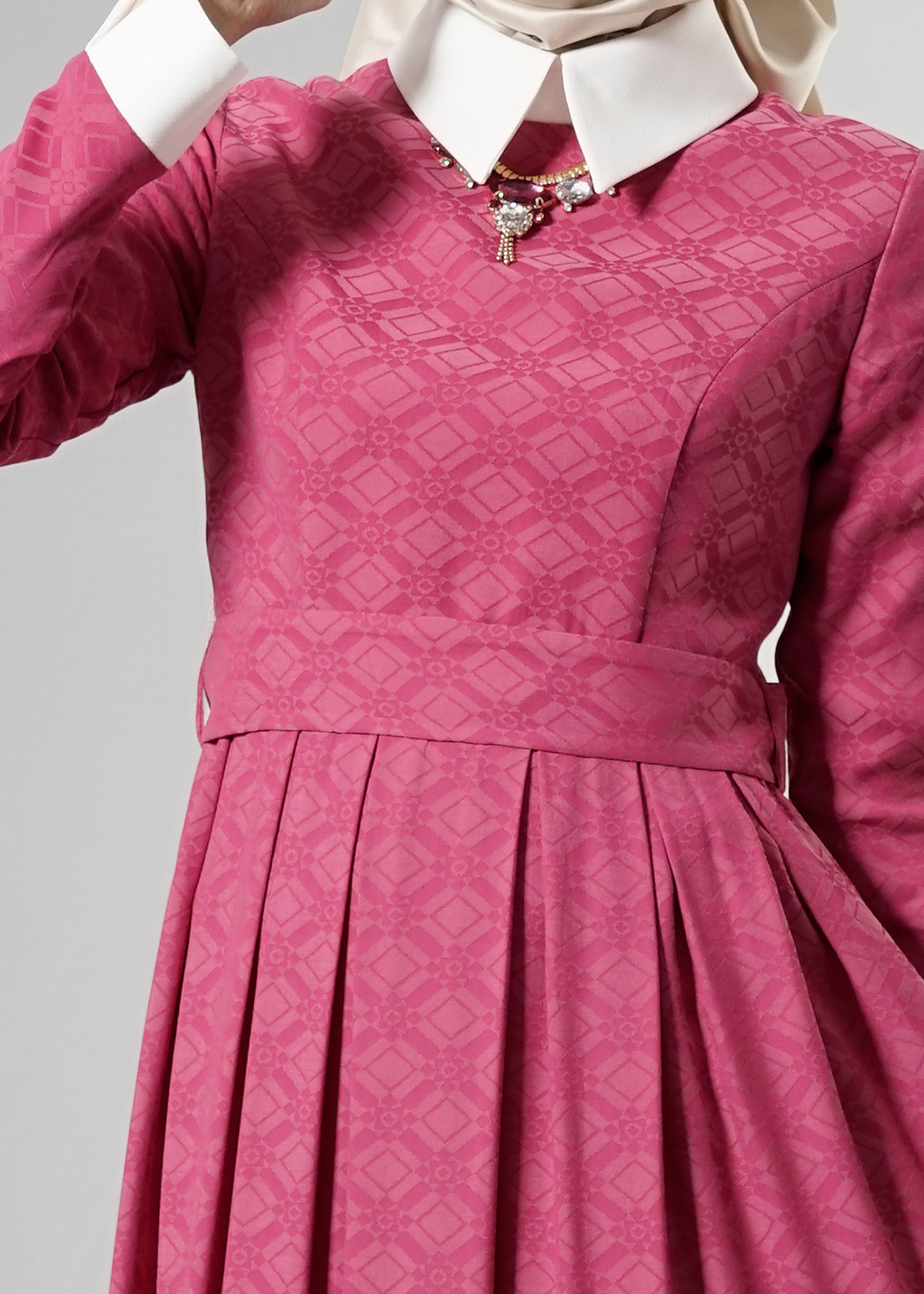 Tesettür giyim FUŞYA GÖMLEK YAKA JAKAR ABİYE ELBİSE 5237 