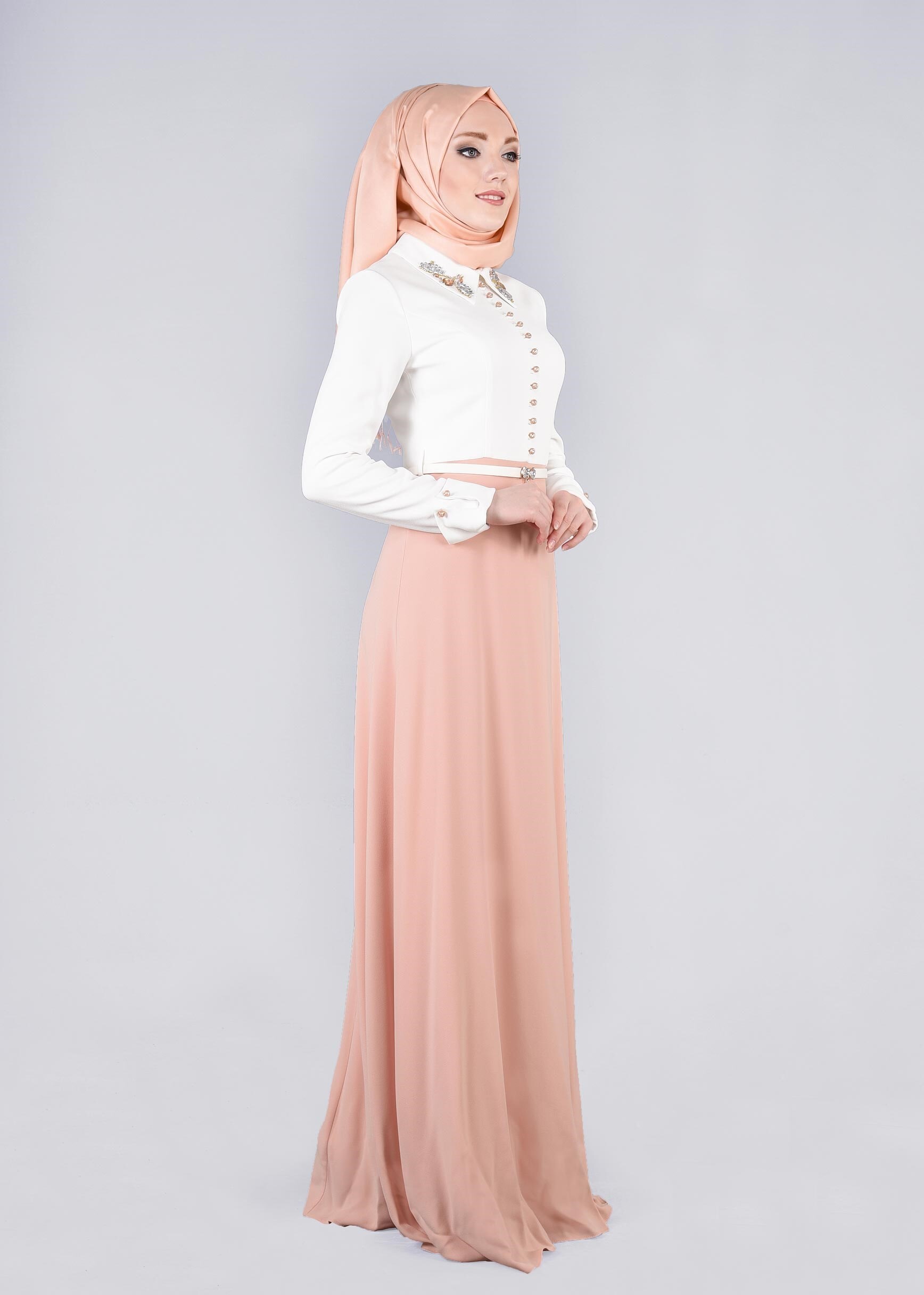 Tesettür giyim PUDRA YAKASI TAŞ İŞLEMELİ ABİYE ELBİSE 5238
