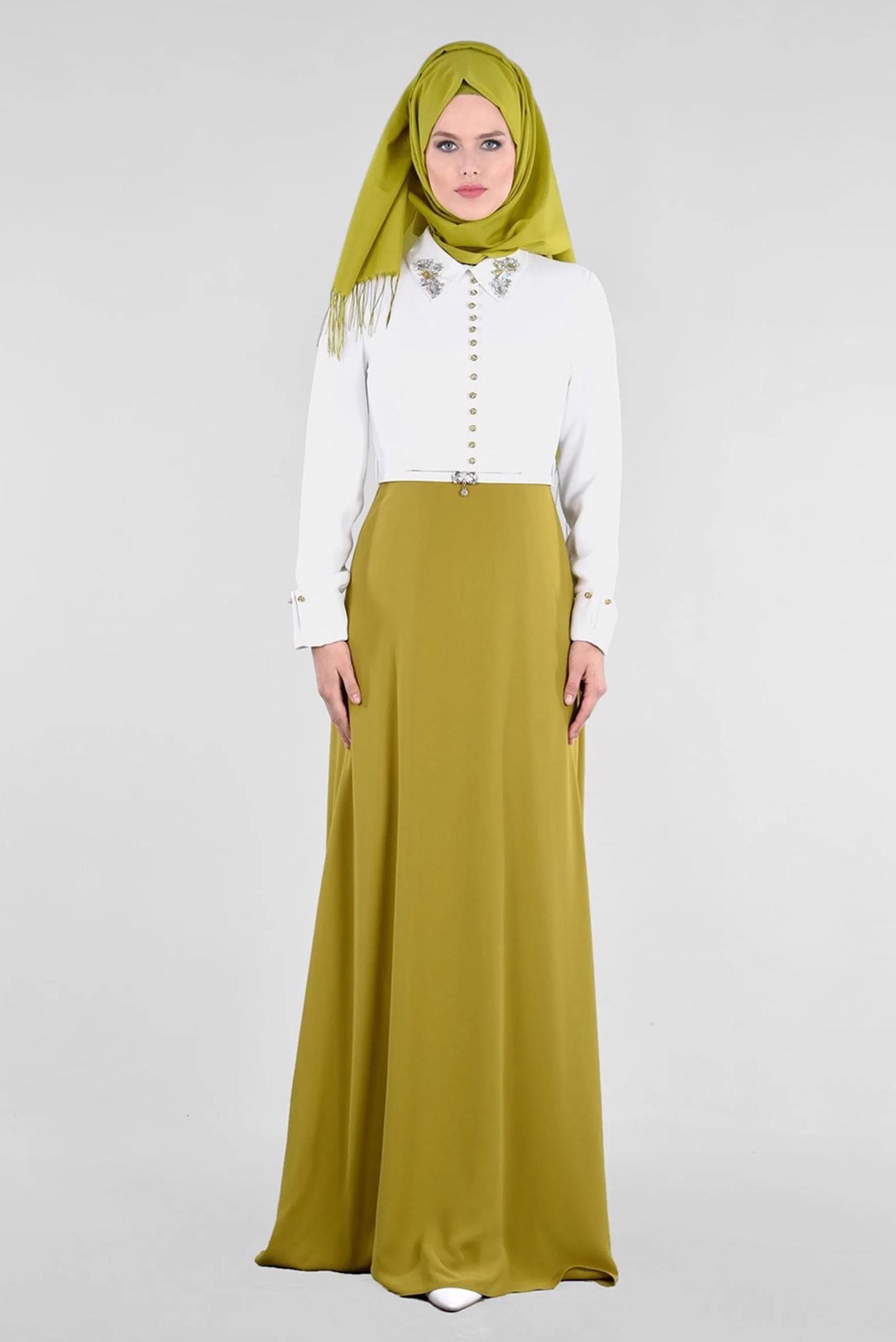 Tesettür giyim YEŞİL YAKASI TAŞ İŞLEMELİ ABİYE ELBİSE 5238