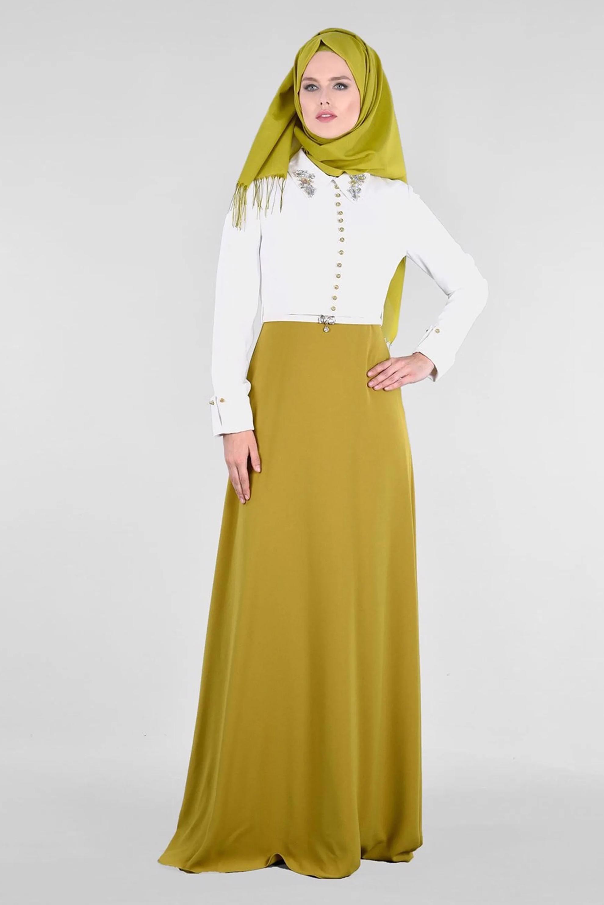 Tesettür giyim YEŞİL YAKASI TAŞ İŞLEMELİ ABİYE ELBİSE 5238