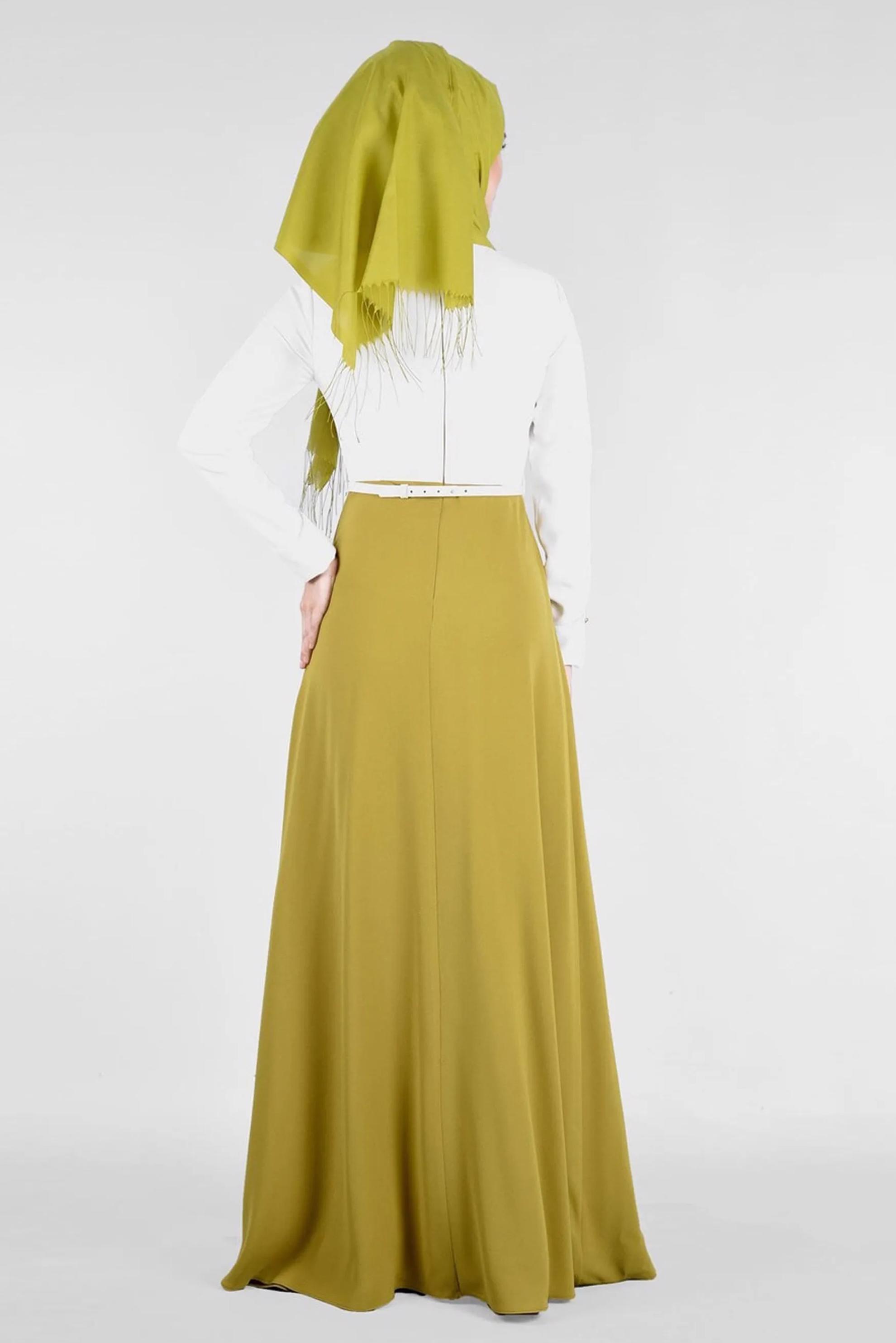 Tesettür giyim YEŞİL YAKASI TAŞ İŞLEMELİ ABİYE ELBİSE 5238