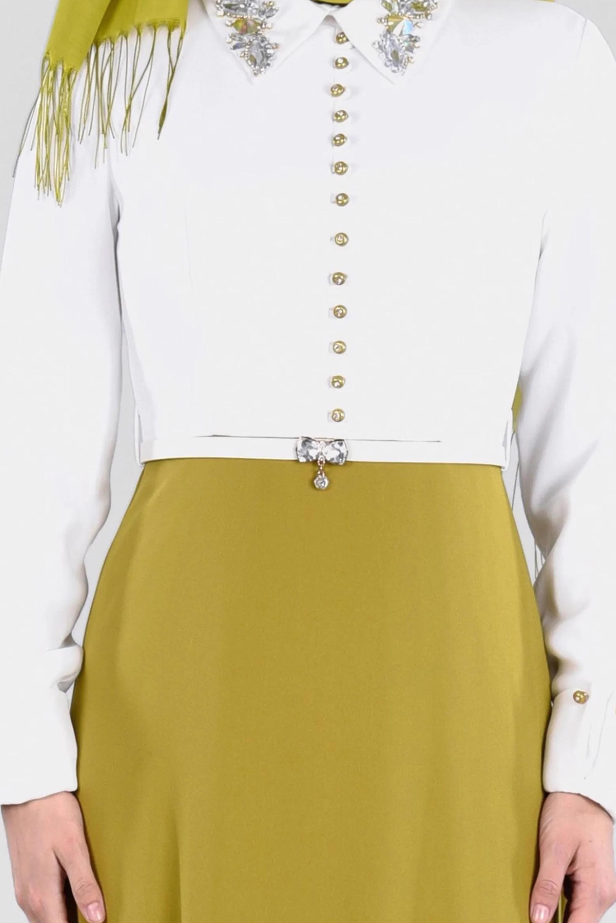 Tesettür giyim YEŞİL YAKASI TAŞ İŞLEMELİ ABİYE ELBİSE 5238