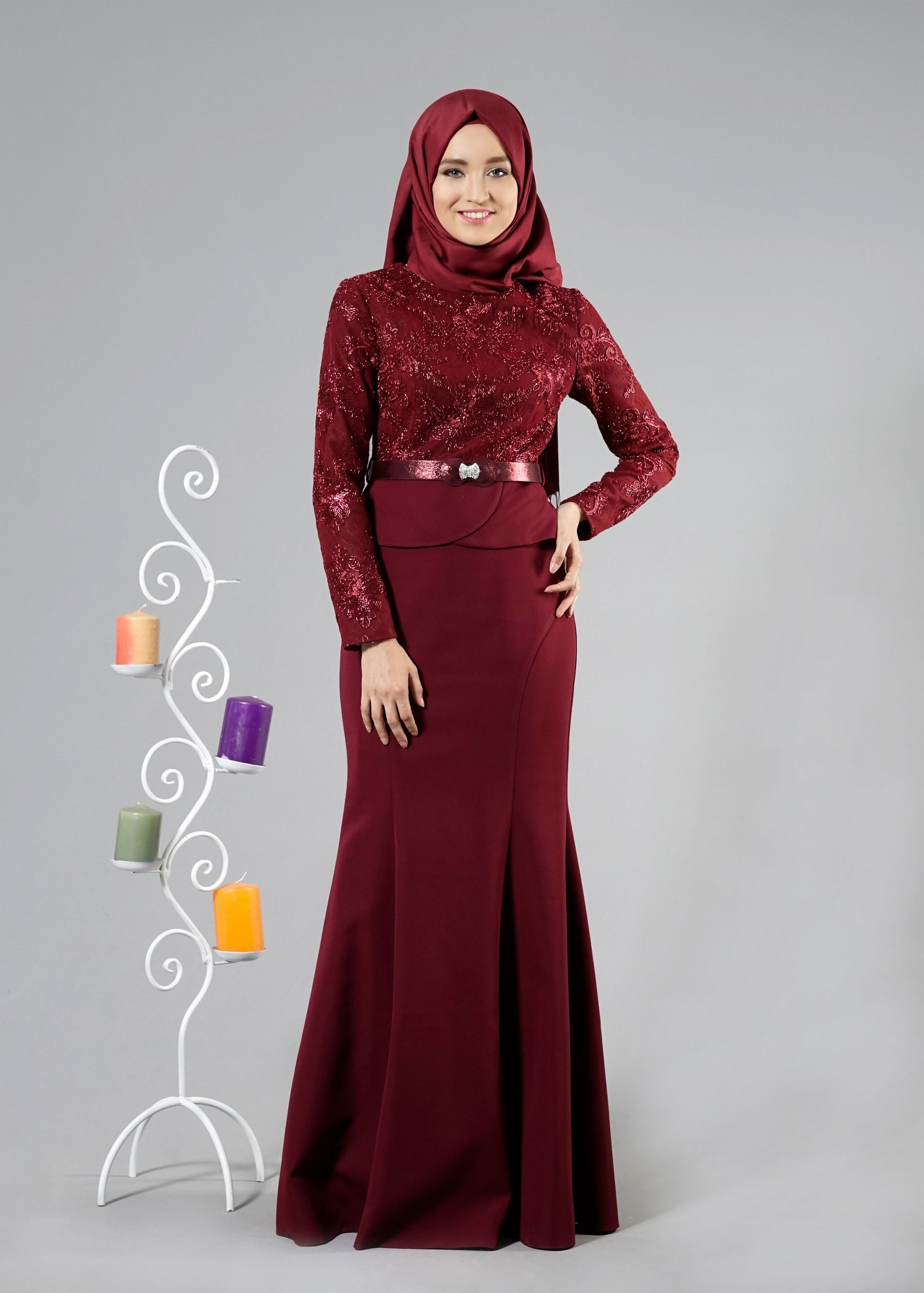 Tesettür giyim BORDO PUL PAYETLİ ABİYE ELBİSE 5239