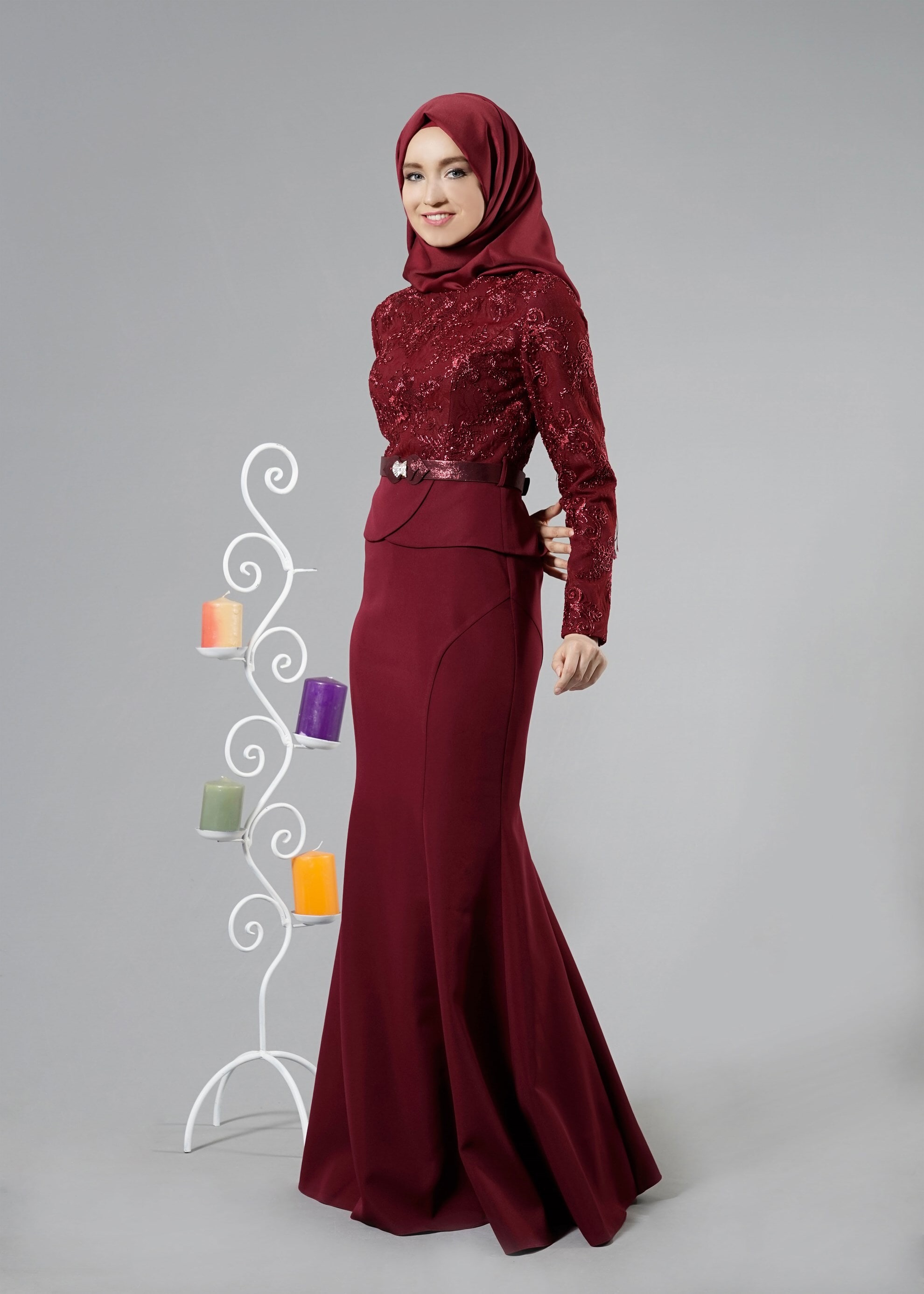 Tesettür giyim BORDO PUL PAYETLİ ABİYE ELBİSE 5239