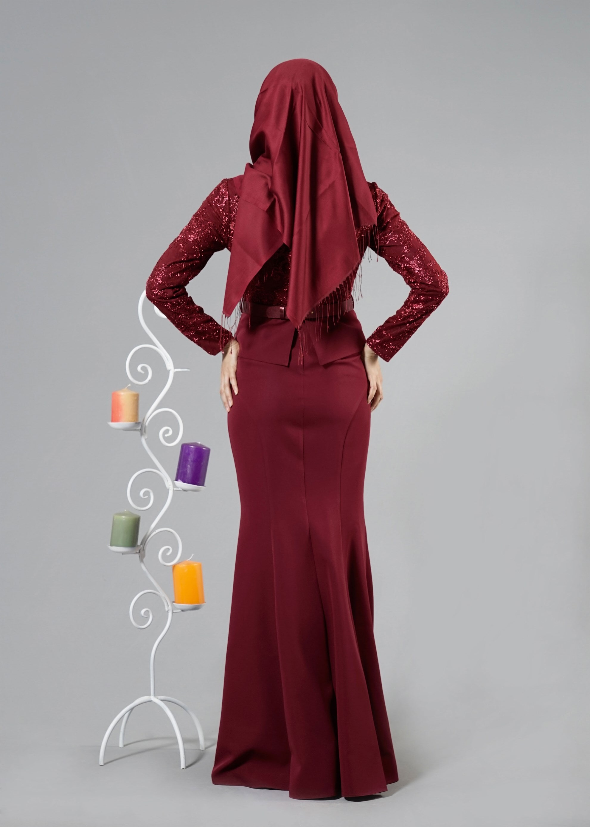 Tesettür giyim BORDO PUL PAYETLİ ABİYE ELBİSE 5239