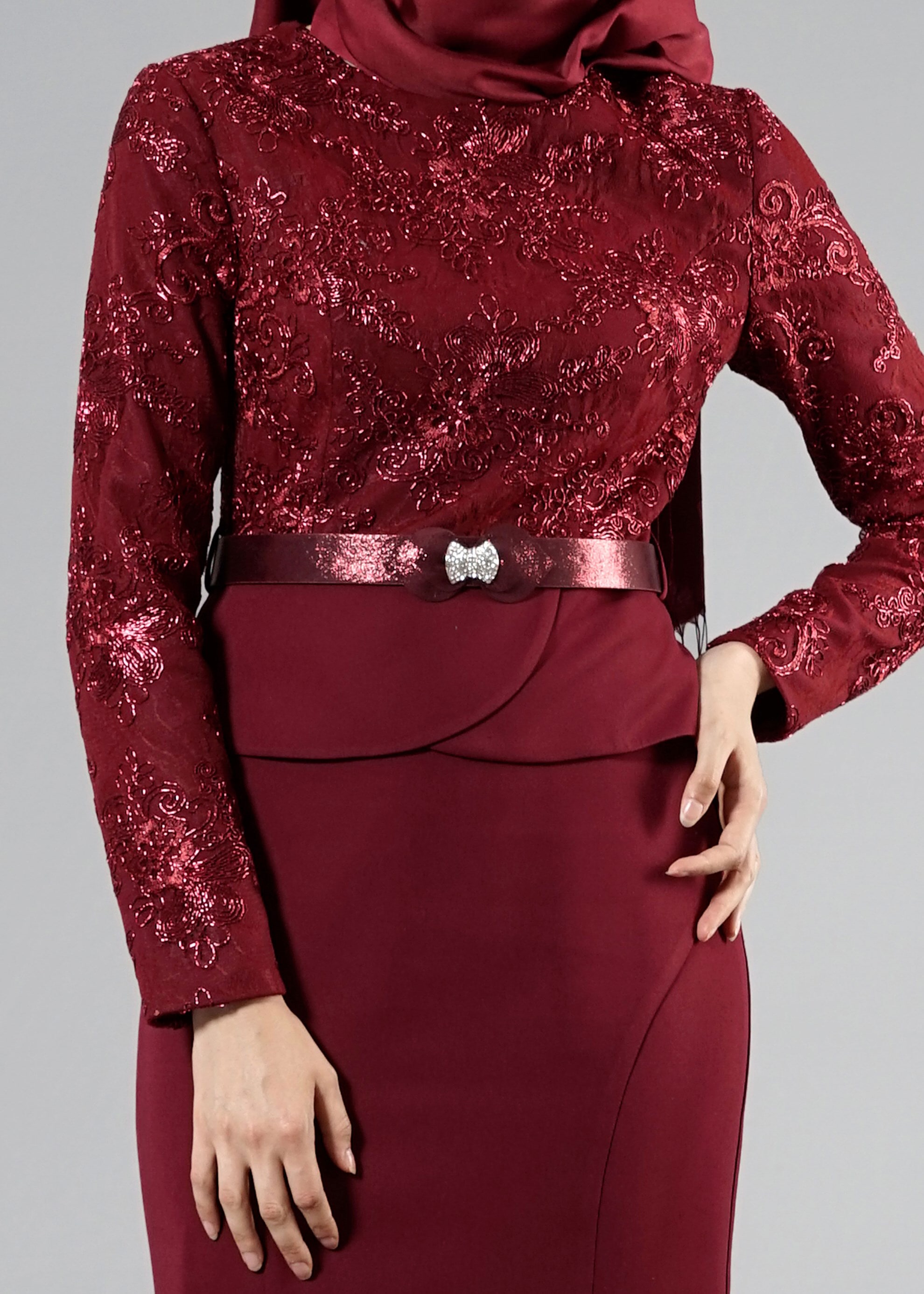 Tesettür giyim BORDO PUL PAYETLİ ABİYE ELBİSE 5239