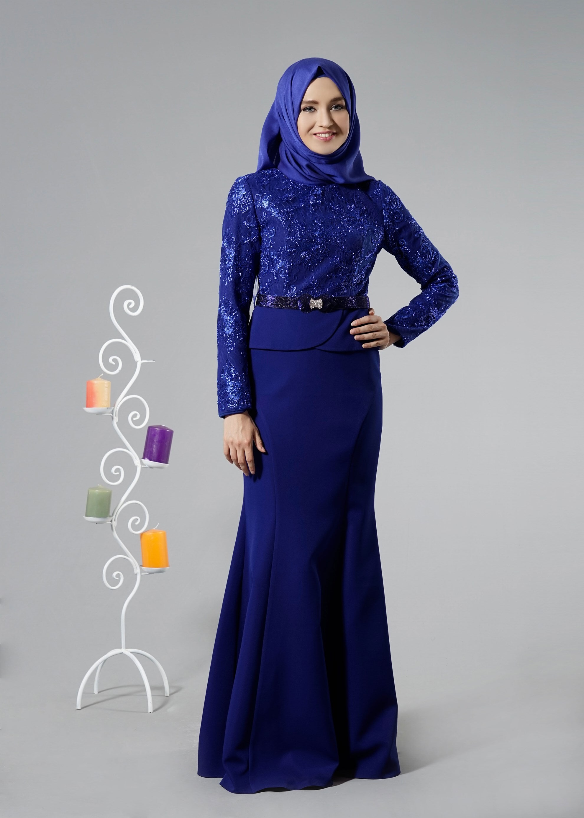 Tesettür giyim LACİVERT PUL PAYETLİ ABİYE ELBİSE 5239