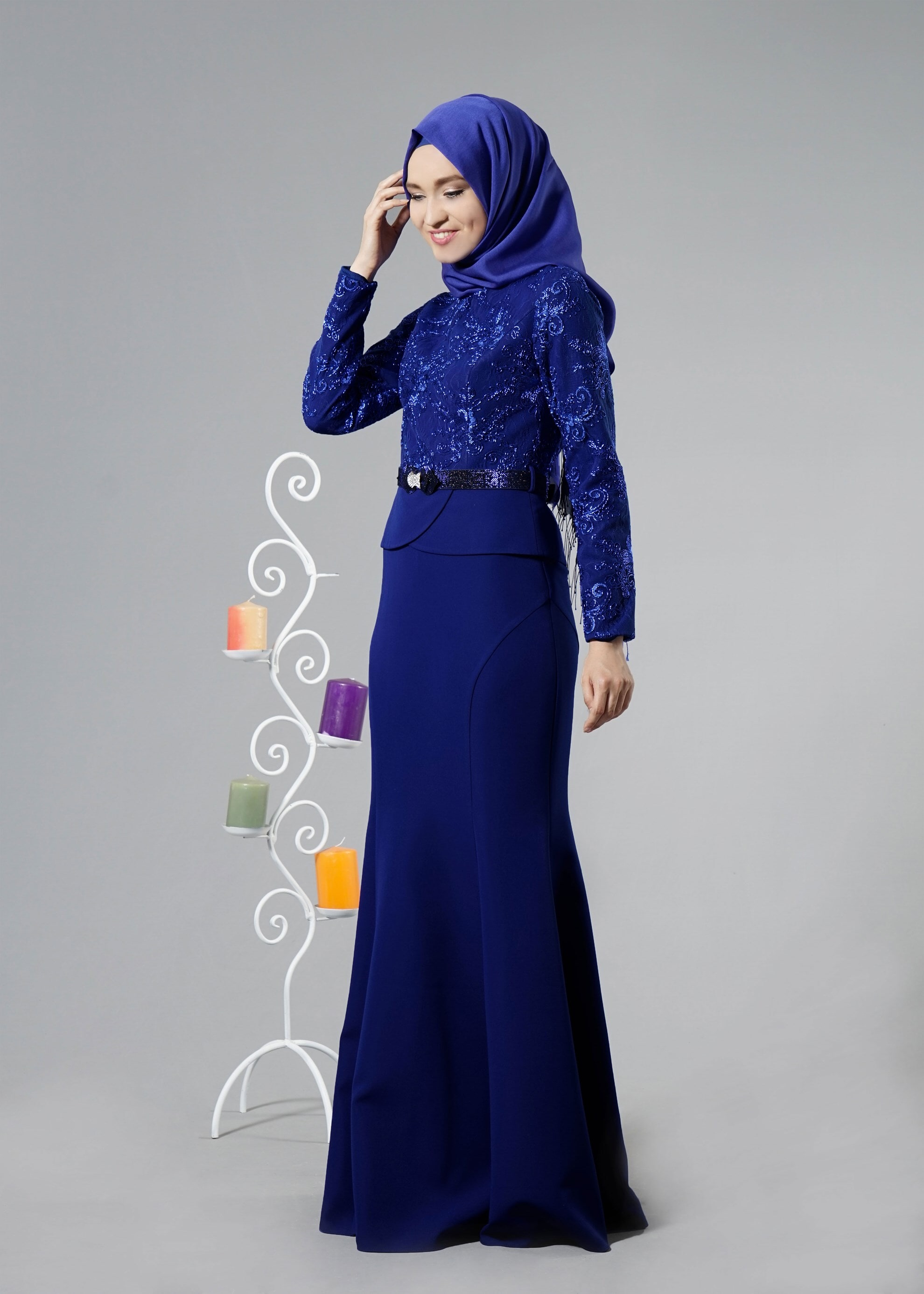 Tesettür giyim LACİVERT PUL PAYETLİ ABİYE ELBİSE 5239