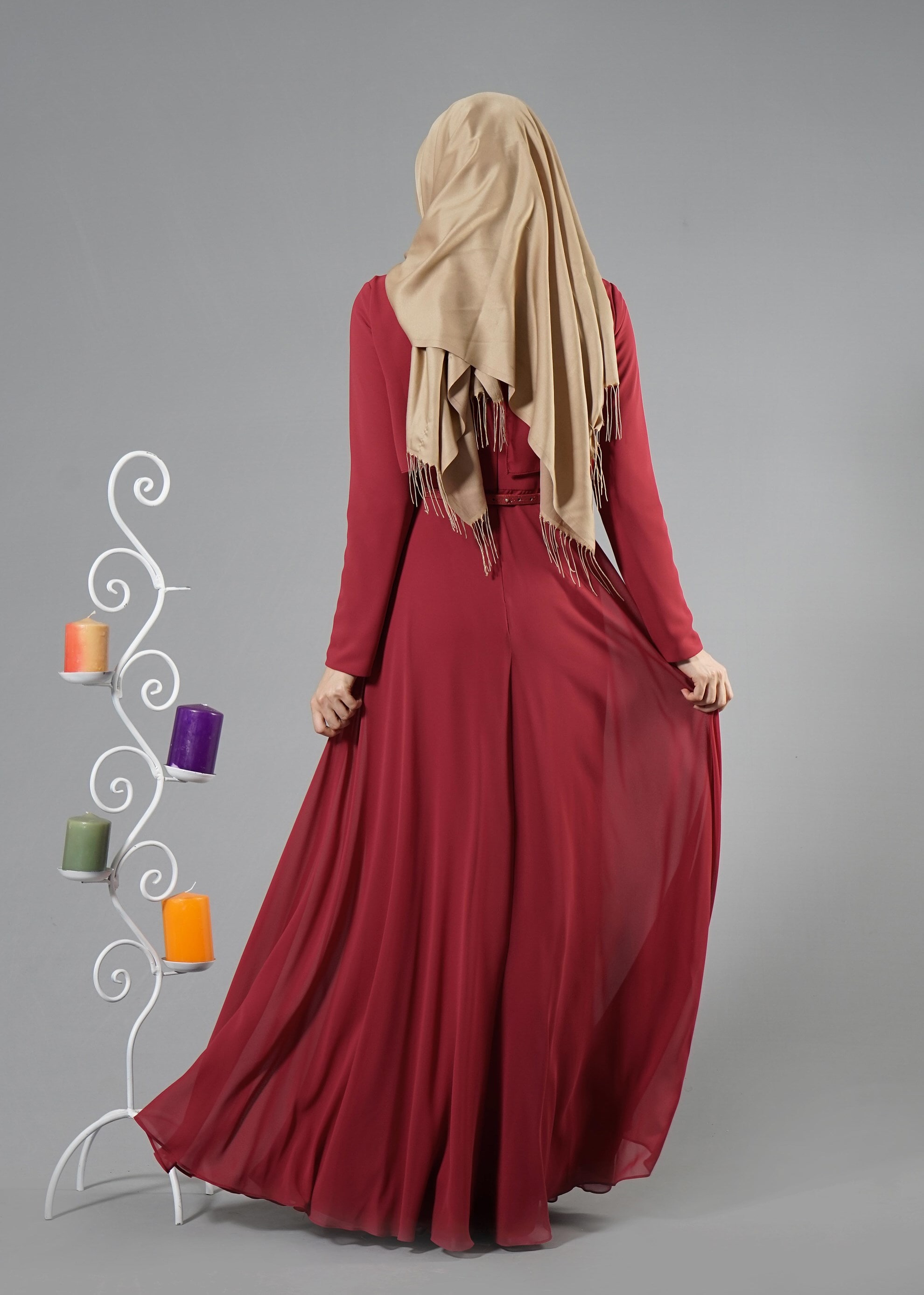 Tesettür giyim BORDO TAŞ İŞLEME DETAYLI ŞİFON ABİYE ELBİSE 5240 