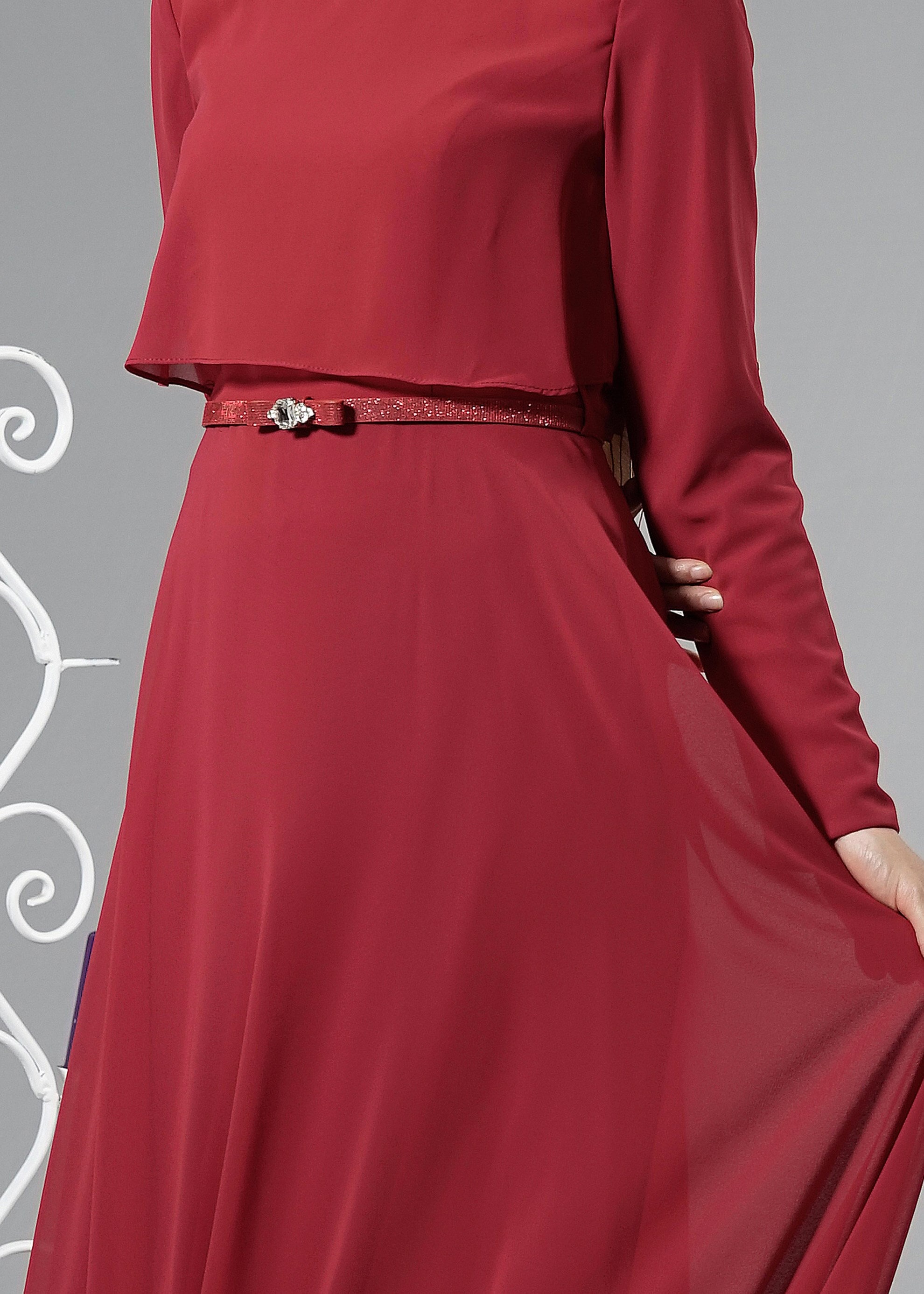 Tesettür giyim BORDO TAŞ İŞLEME DETAYLI ŞİFON ABİYE ELBİSE 5240 